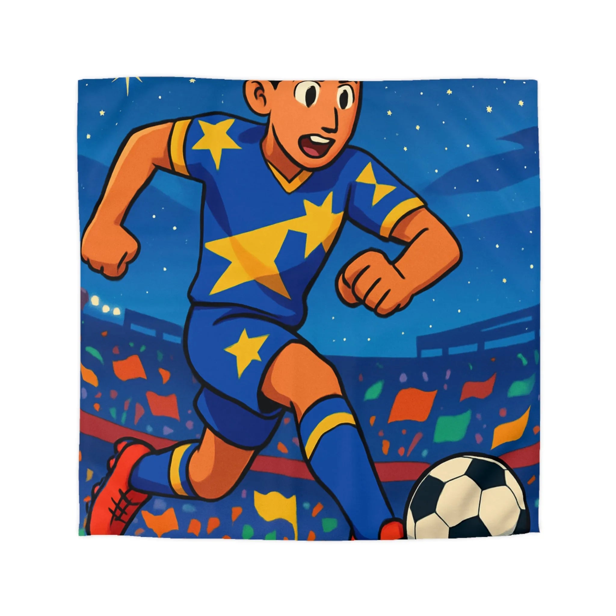 Housse de couette colorée avec joueur de football en action sous ciel étoilé
