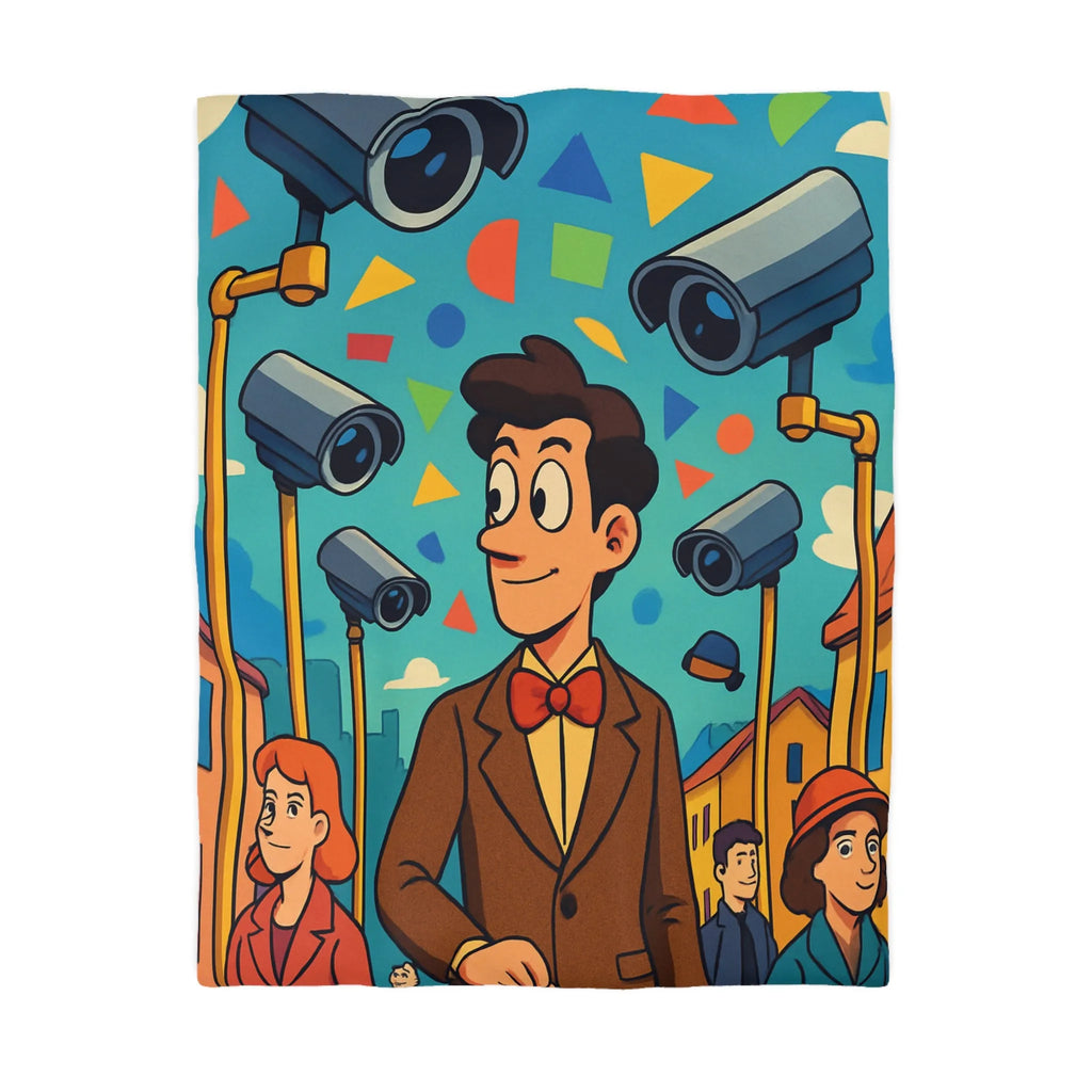 Housse de couette colorée avec motifs géométriques et personnages sous caméras de surveillance