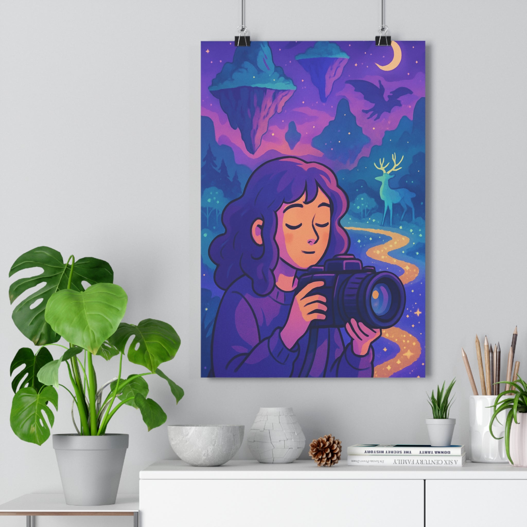 Poster décoratif surréaliste violet bleu magique paysage chambre salon ambiance onirique cerf dragon 30x46