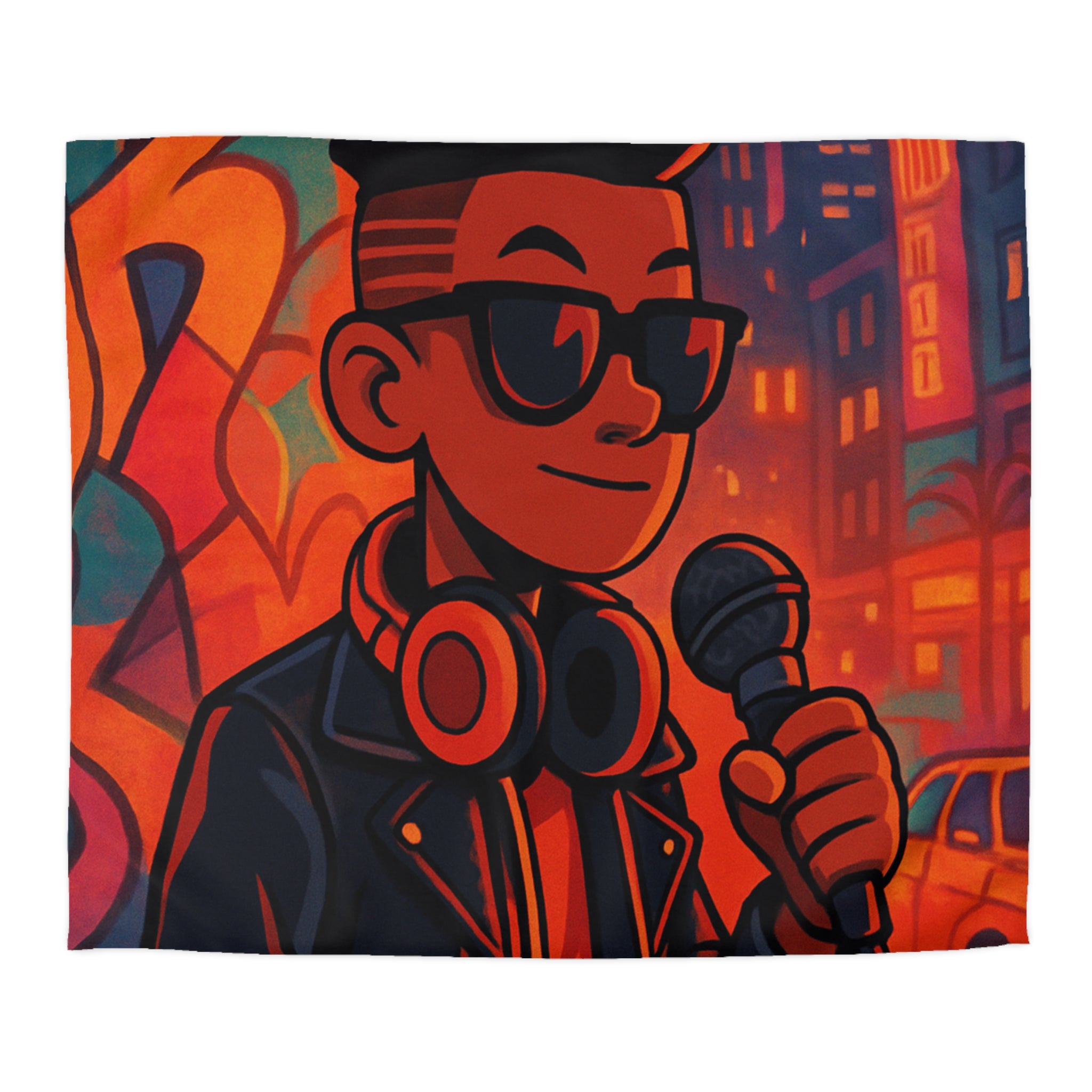 Housse de couette urbaine rétro avec chanteur hip-hop et graphismes vibrants de ville