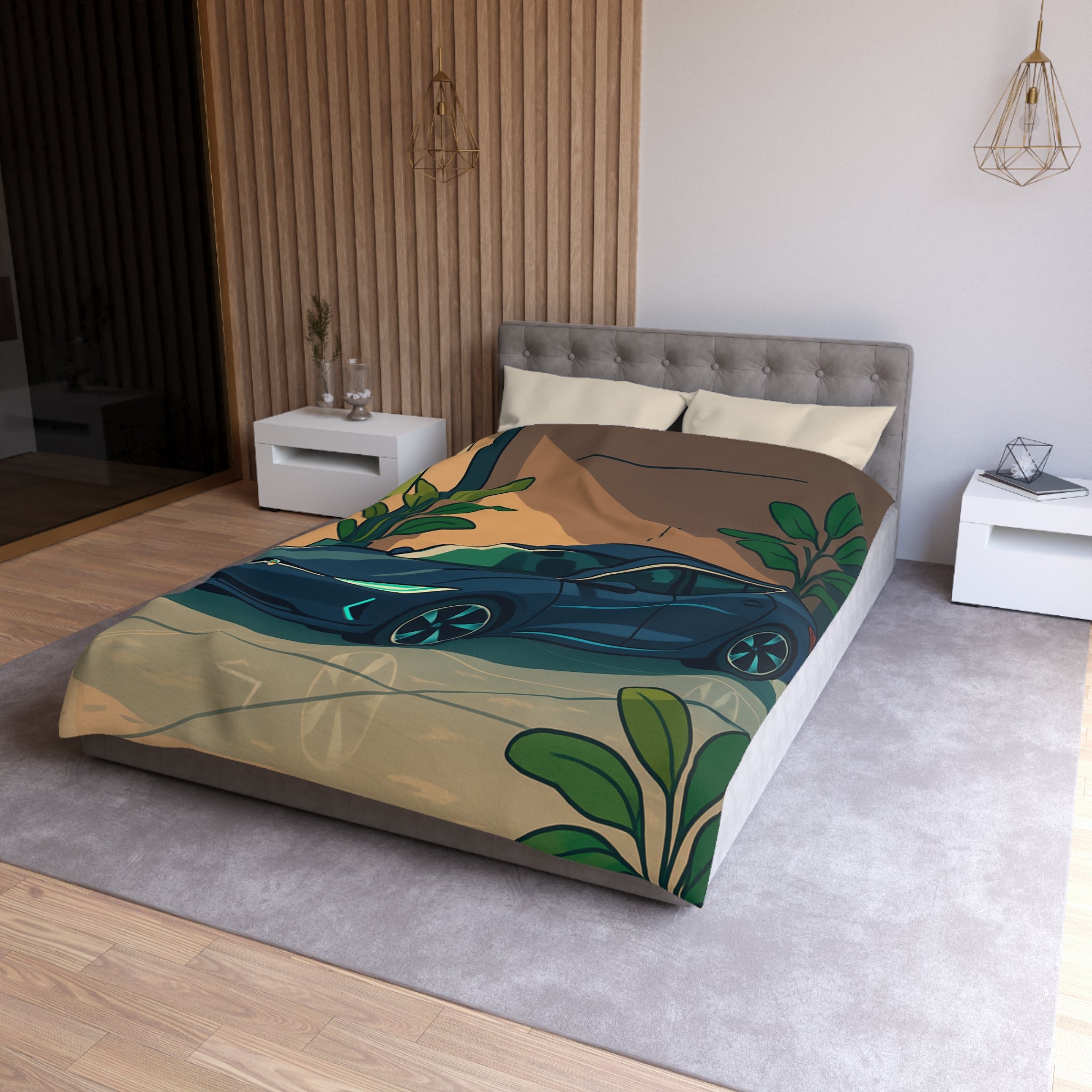 Housse de Couette Moderne avec Voiture et Plantes Vertes pour Design Chic Urbain