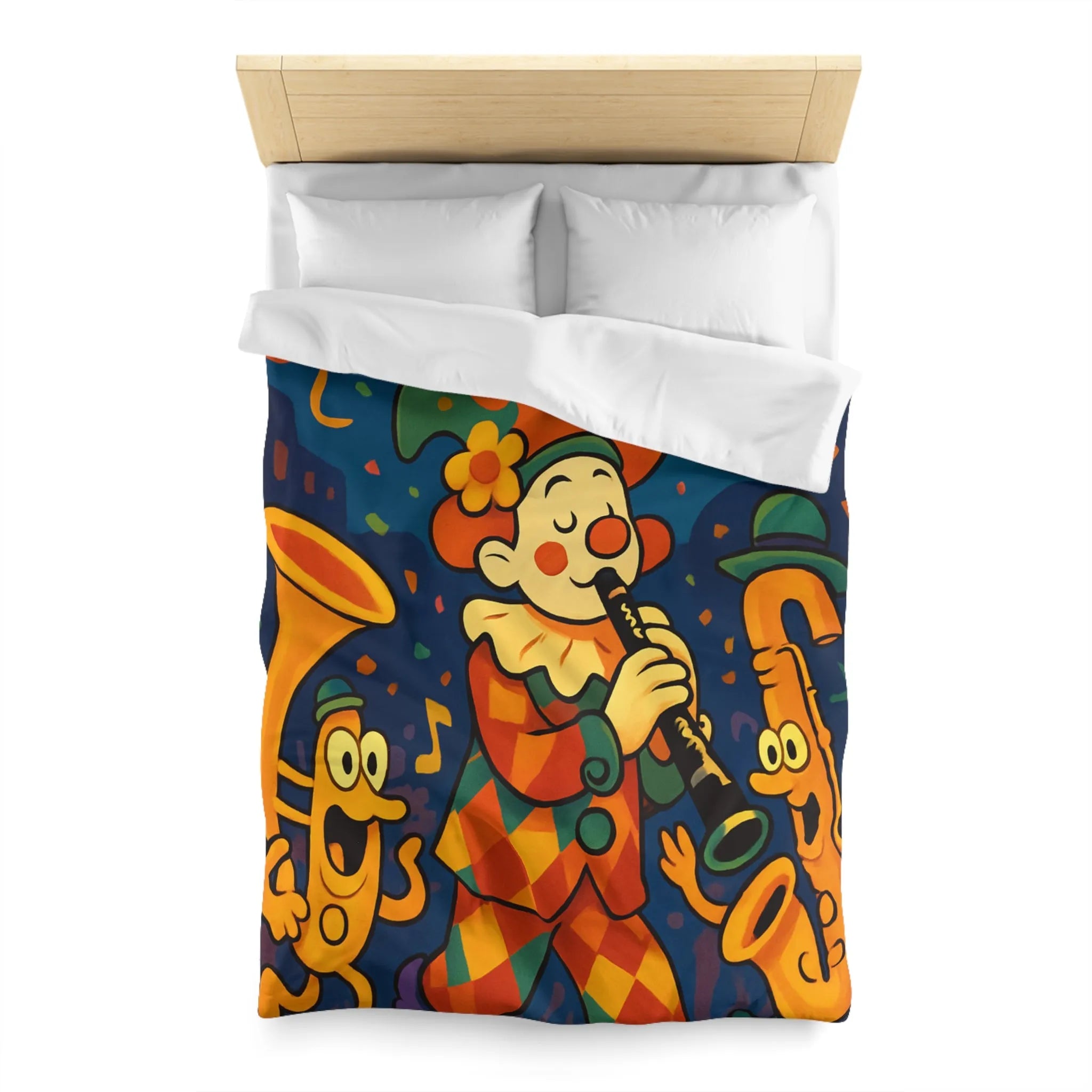 Housse de Couette Fantaisiste avec Clown et Instruments dans Parade Colorée et Lumineuse
