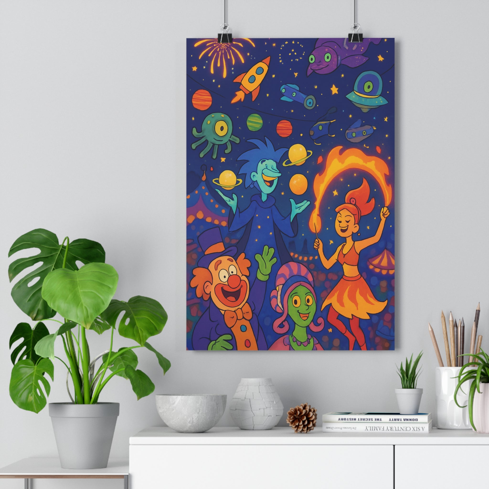 Poster décoratif coloré carnaval espace bleu orange vert joyeux moderne chambre salon enfant aventure
