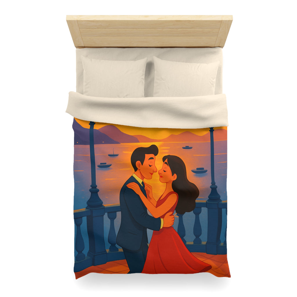 Housse de couette romantique coucher de soleil couple dansant au bord de mer