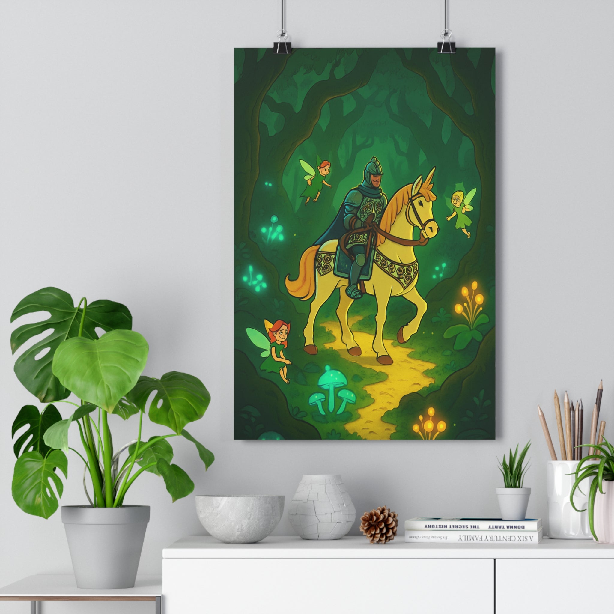 Poster décoratif chevalier féerique forêt verte dorée animé mystique salon chambre ambiance 30x46 cm