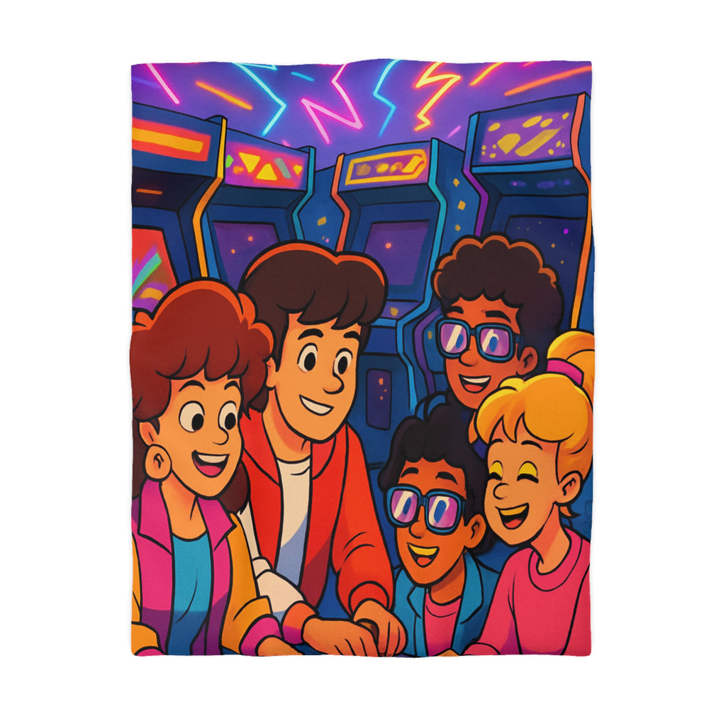 Housse de couette vibrante années 80 avec motifs arcades et ambiance rétro lumineuse