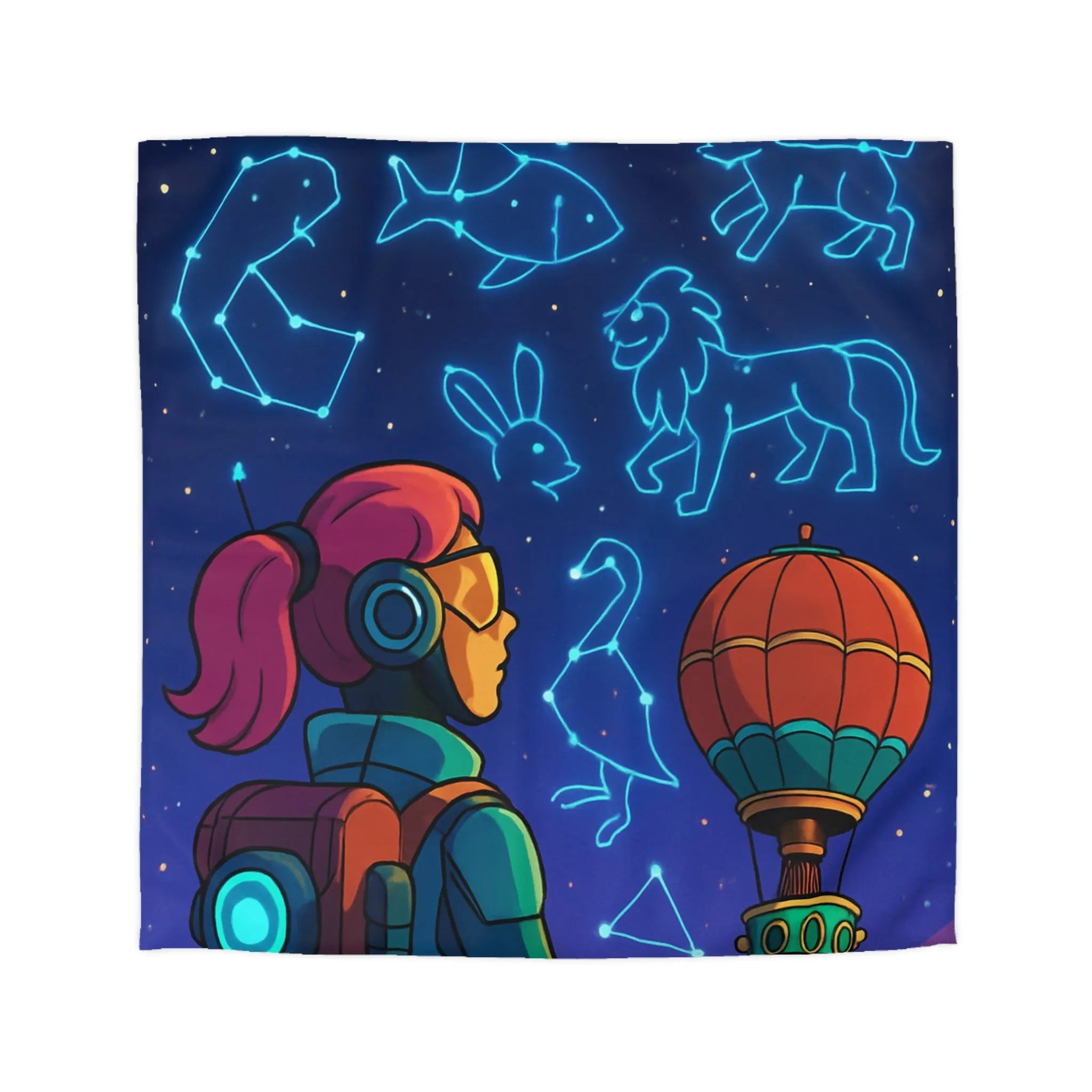 Housse de couette astronaute contemplant constellations animalières dans ciel étoilé rêveur