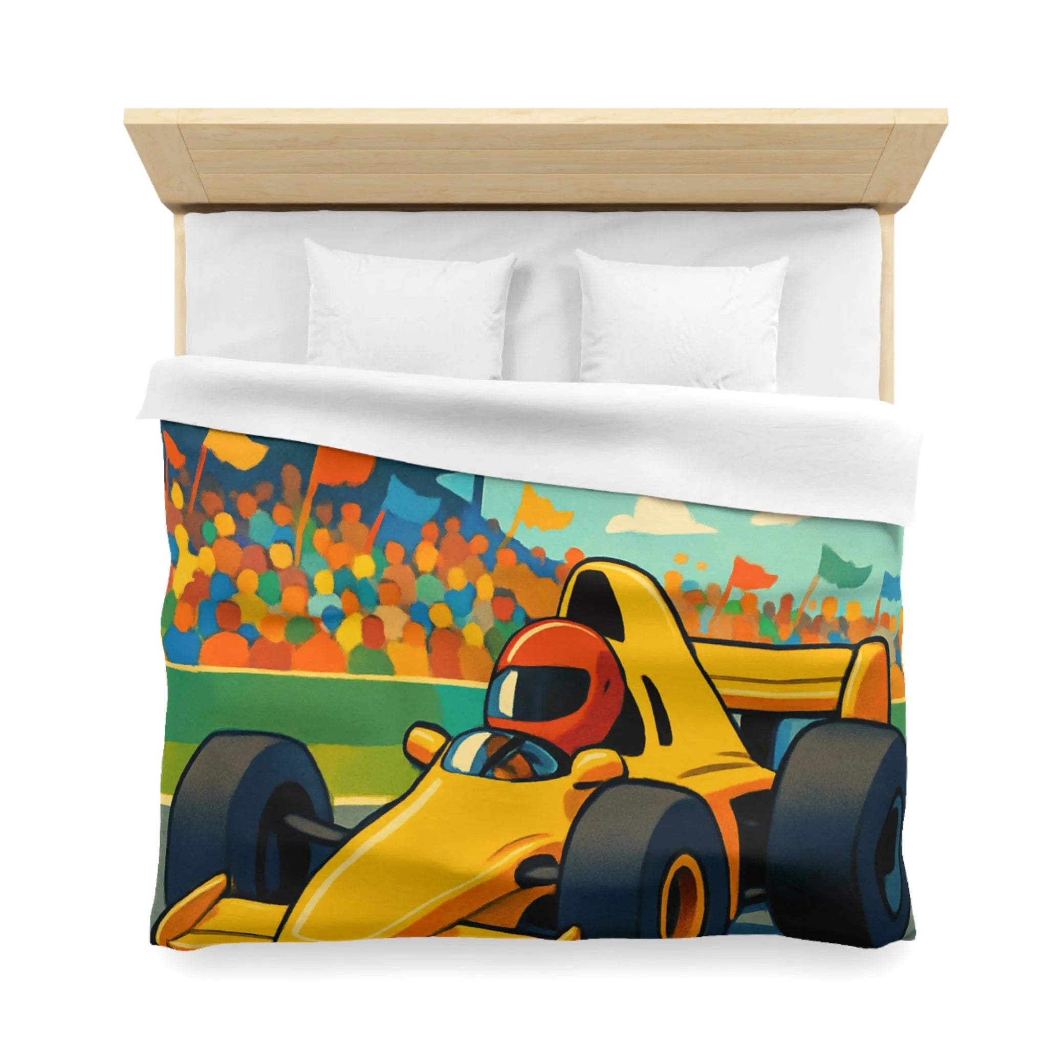 Housse de couette enfant voiture de course jaune circuit ambiance dynamique et colorée
