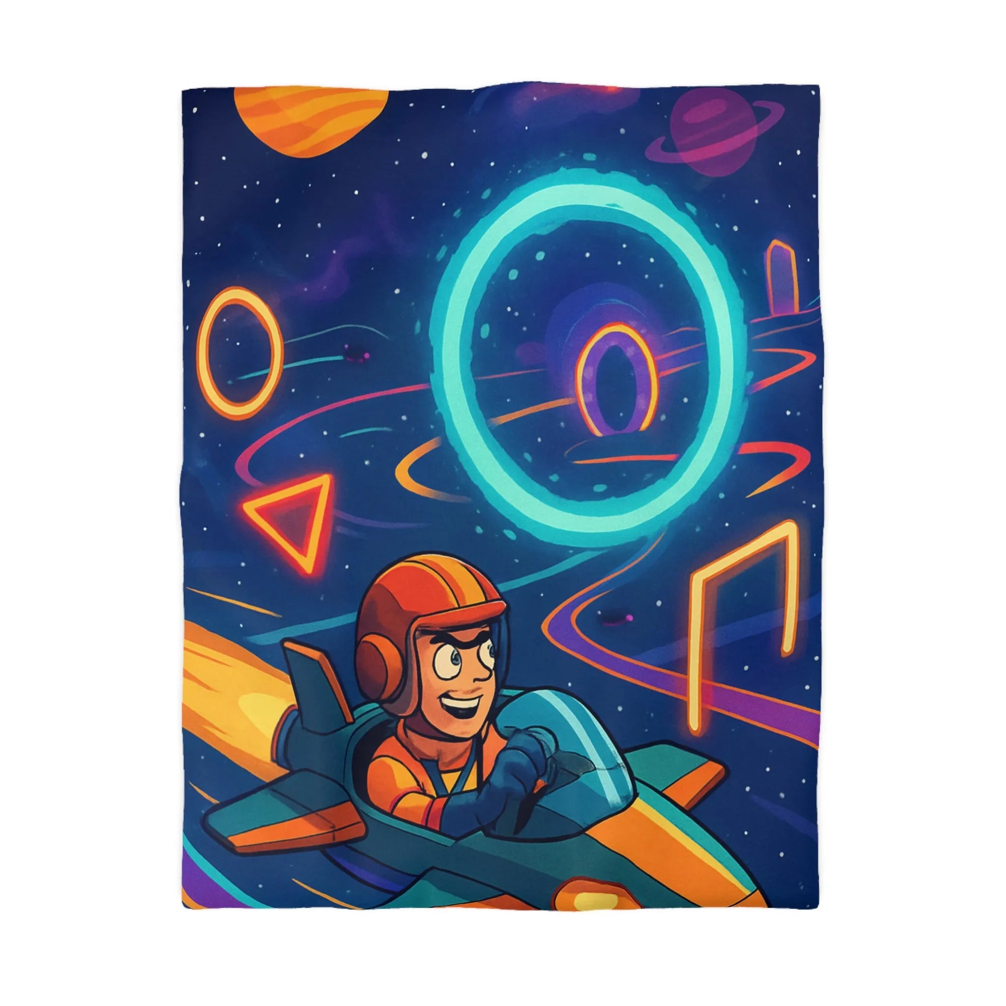 Housse de Couette Enfantine avec Motifs Spatiaux et Dessins de Vaisseau Spatial