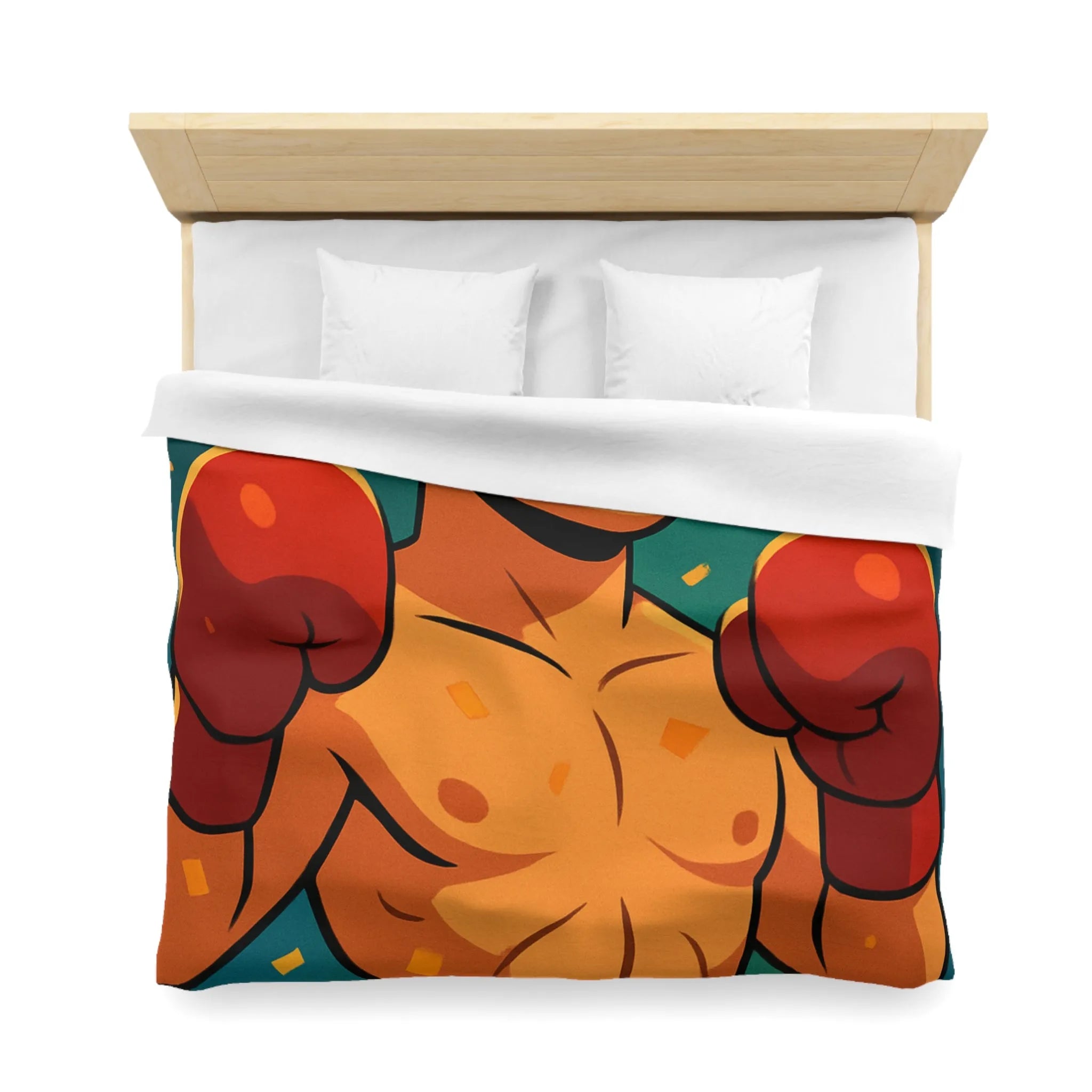 Housse de couette colorée avec boxeur en tenue rouge, ambiance festive dynamique