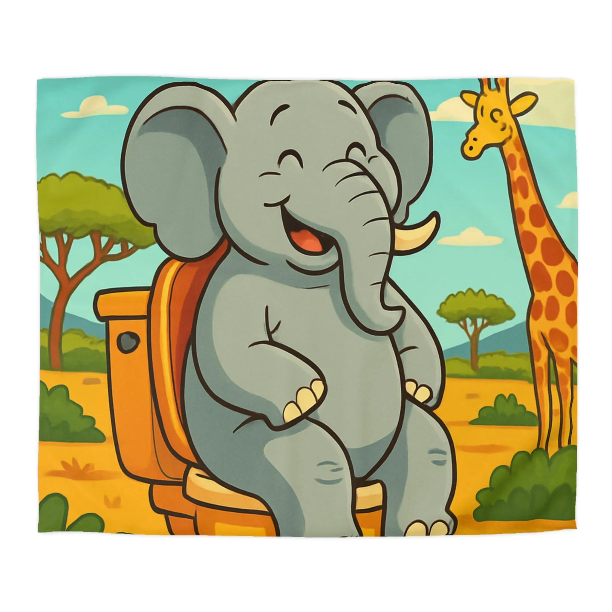 Housse de couette joyeuse éléphant sur toilettes en pleine savane colorée
