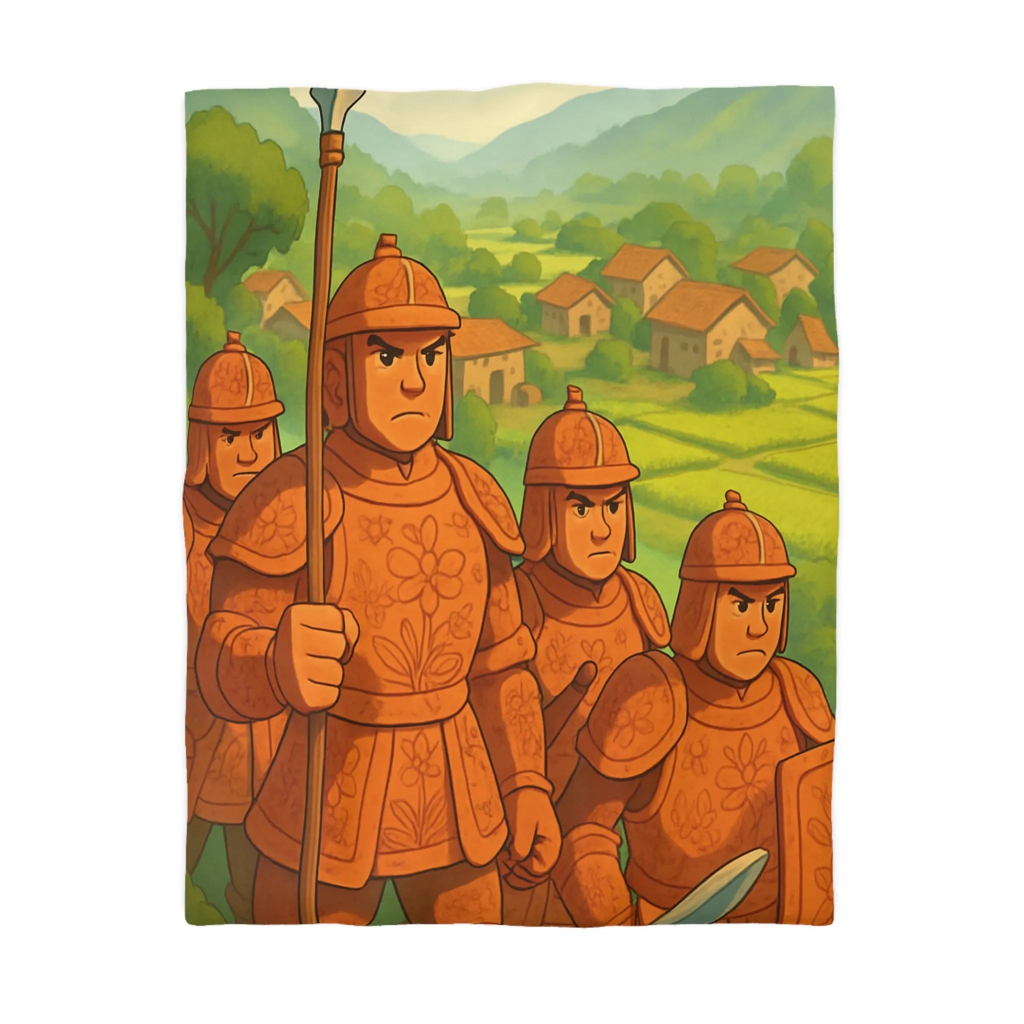 Housse de couette illustrée guerriers médiévaux champêtres dégradé vert orange doux et enfantin