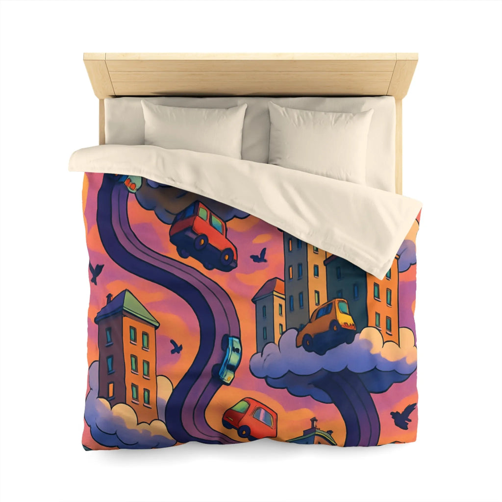 Housse de couette artistique avec voitures volantes et gratte-ciels à l'aube colorée
