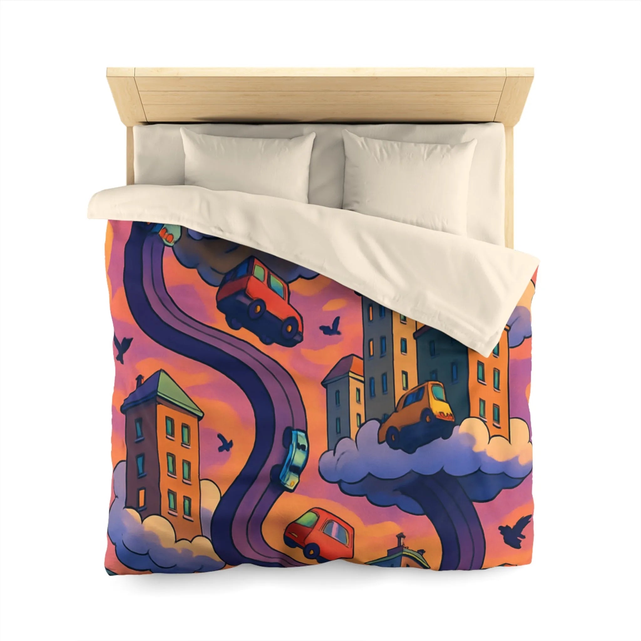 Housse de couette artistique avec voitures volantes et gratte-ciels à l'aube colorée