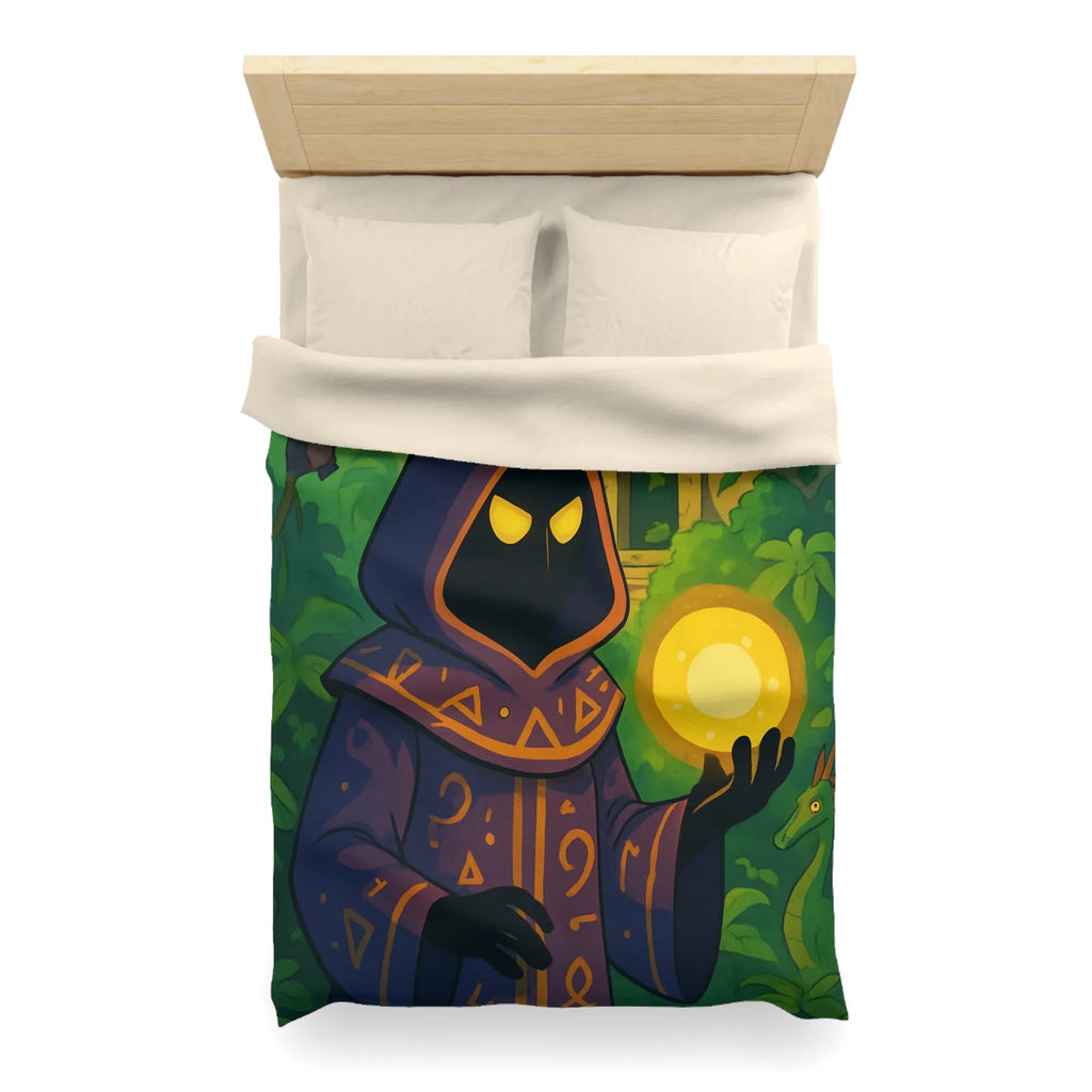 Housse de couette ambiance mystique avec mage sombre dans jungle énigmatique et temple ancien