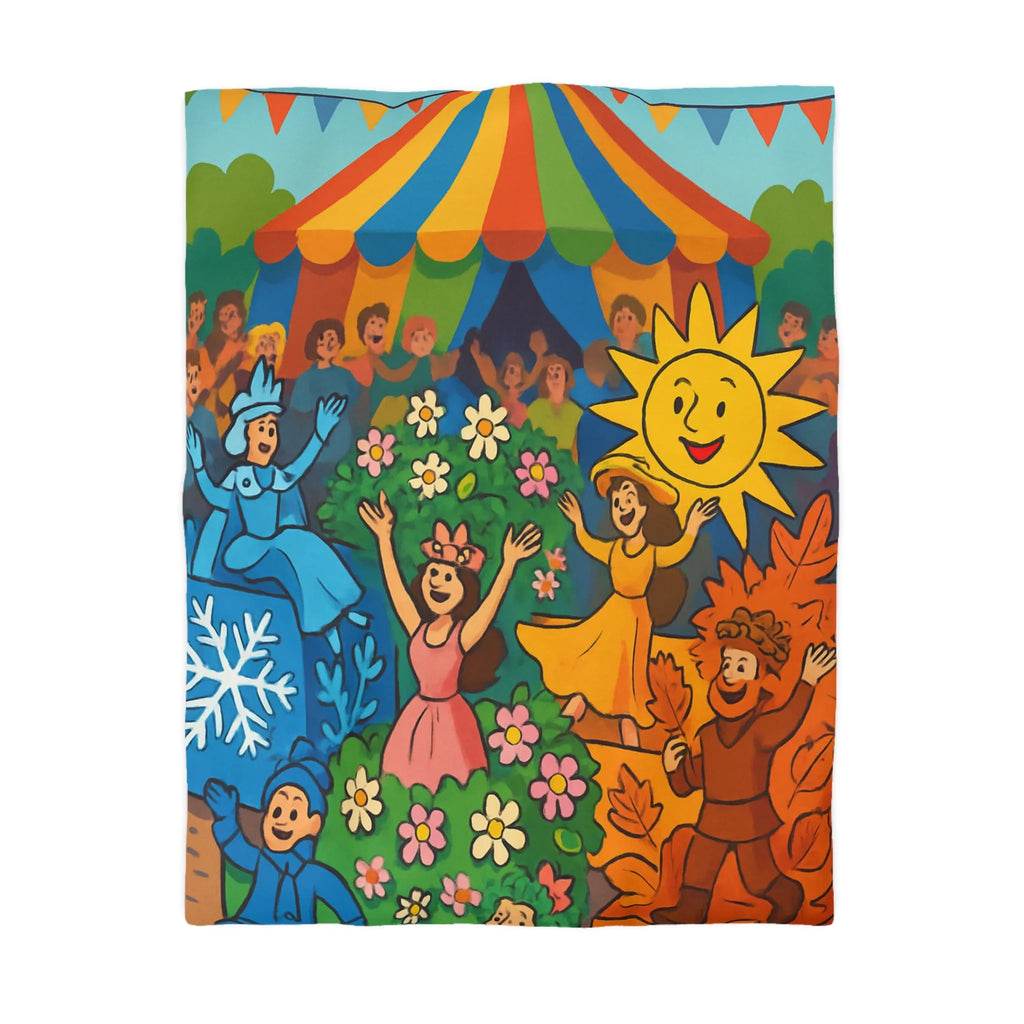 Housse de couette colorée illustrant les saisons pour chambre d'enfant joyeuse et ludique