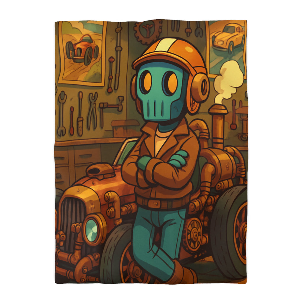 Housse de couette rétro steampunk avec voiture vintage et robot dans un atelier