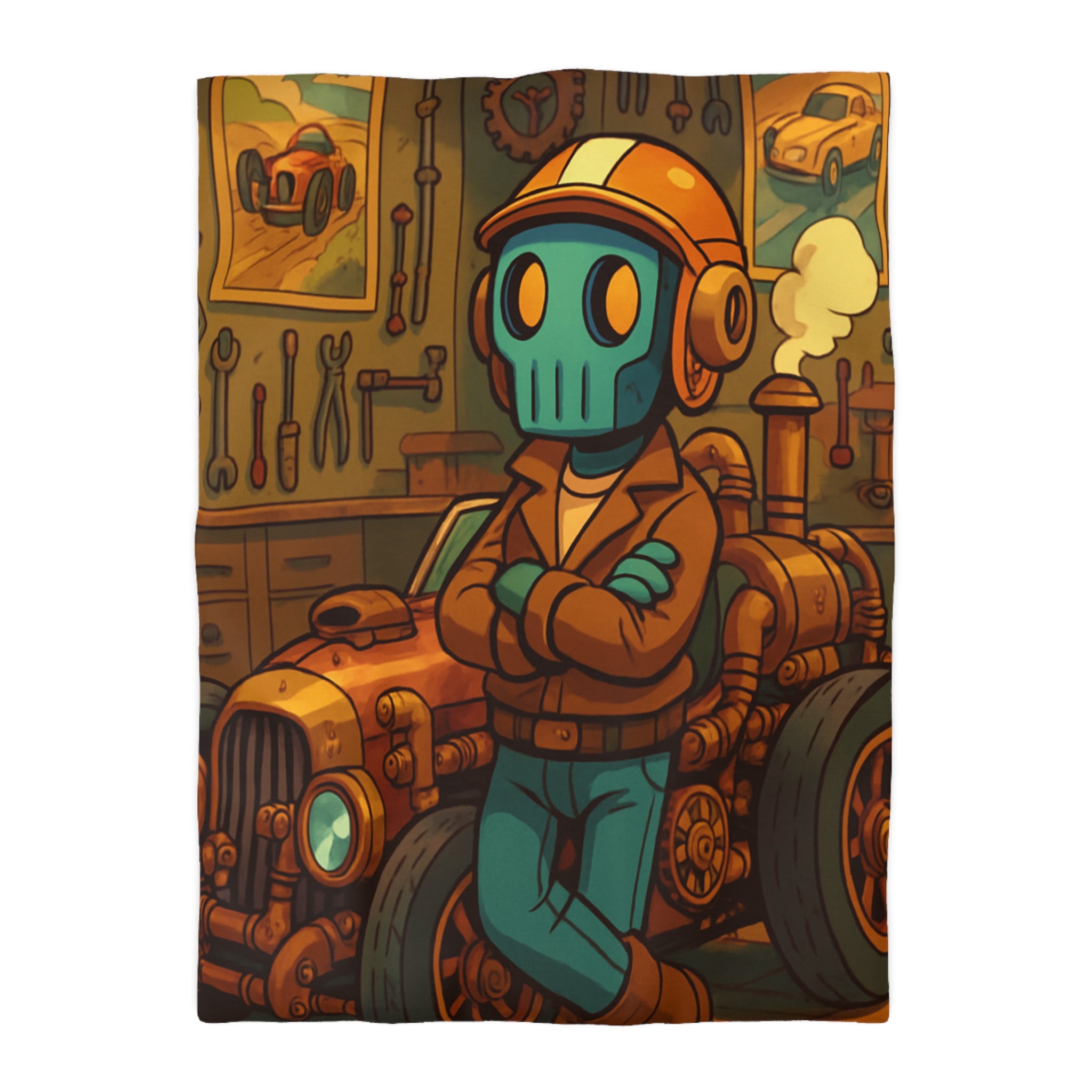 Housse de couette rétro steampunk avec voiture vintage et robot dans un atelier