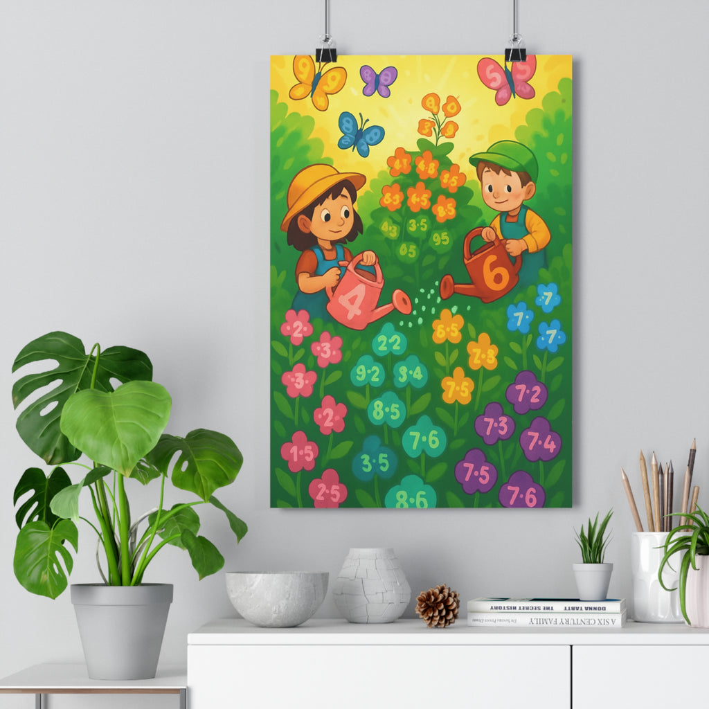 Poster décoratif cartoon enfant fleurs colorées multiplication ludique éducatif joyeux chambre classe 30x46 cm
