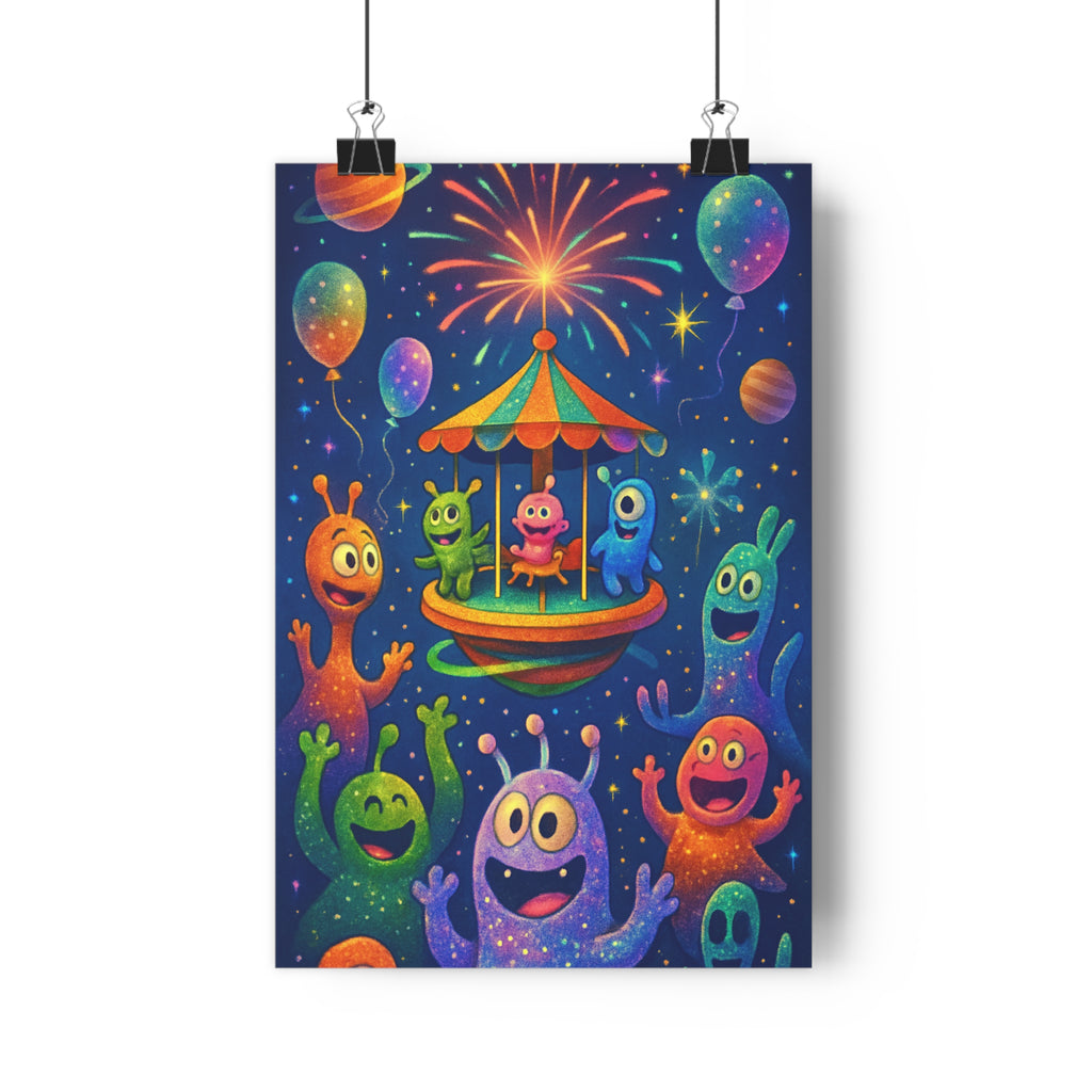 Poster décoratif carnaval cosmique vert rose bleu cartoon joyeux étoilé enfant salon vibrant univers