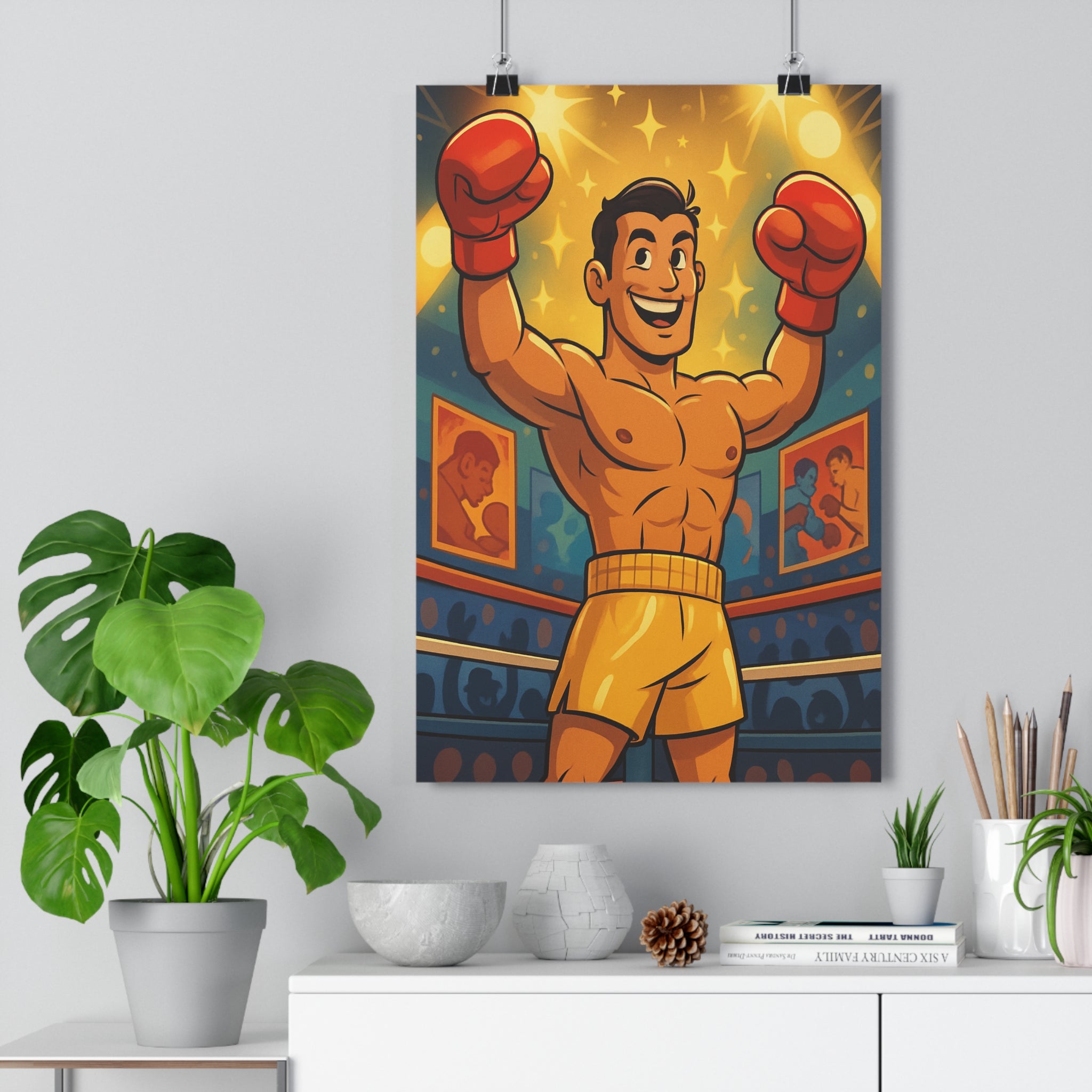 Poster décoratif cartoon jaune rouge dynamique joyeux sport salle boxe style animé vibrant mural