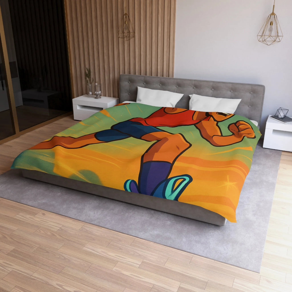 Housse de couette dynamique coureur stylisé accélérant sur fond d’énergie vibrante