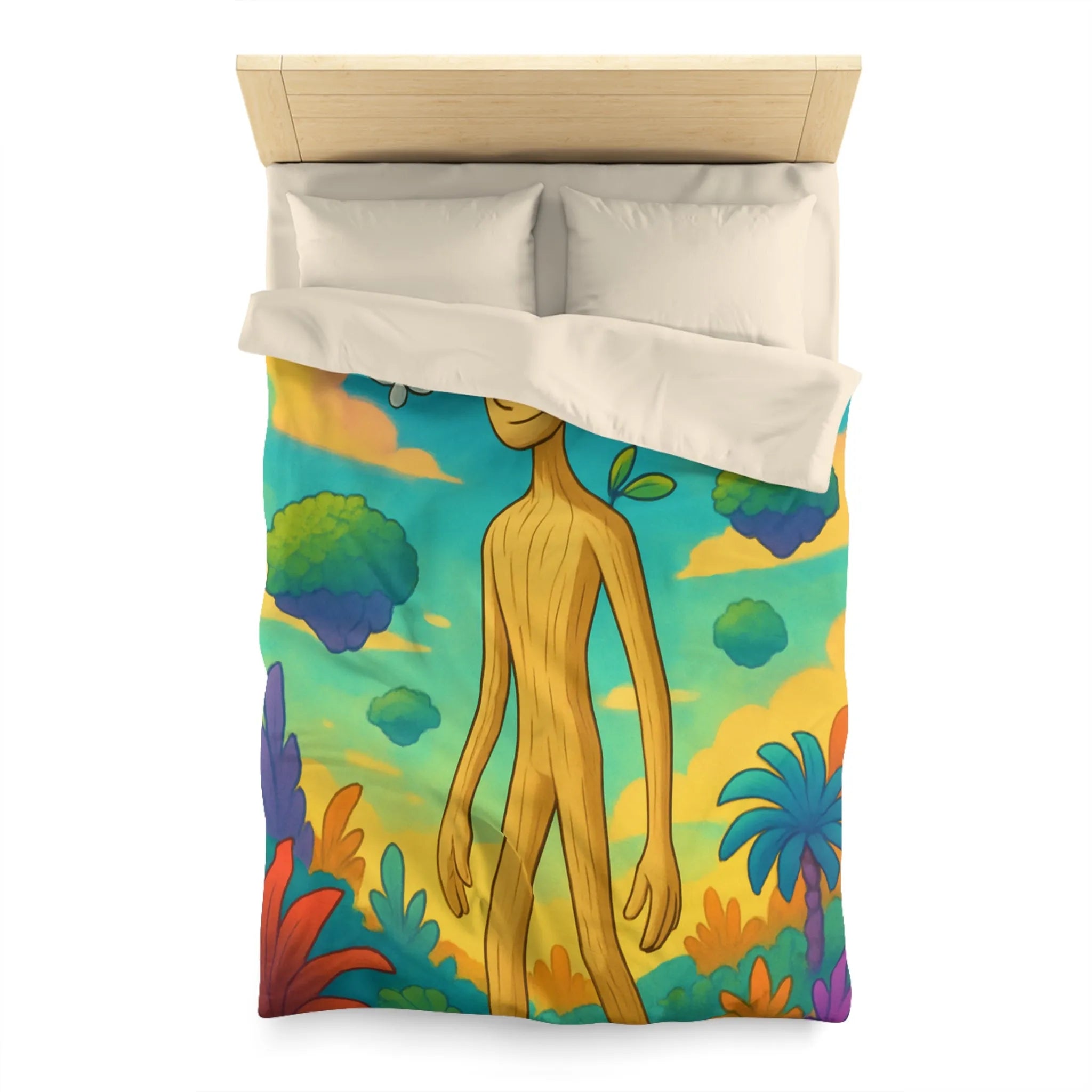 Housse de couette enchanteresse avec paysage coloré, créature en bois et papillons