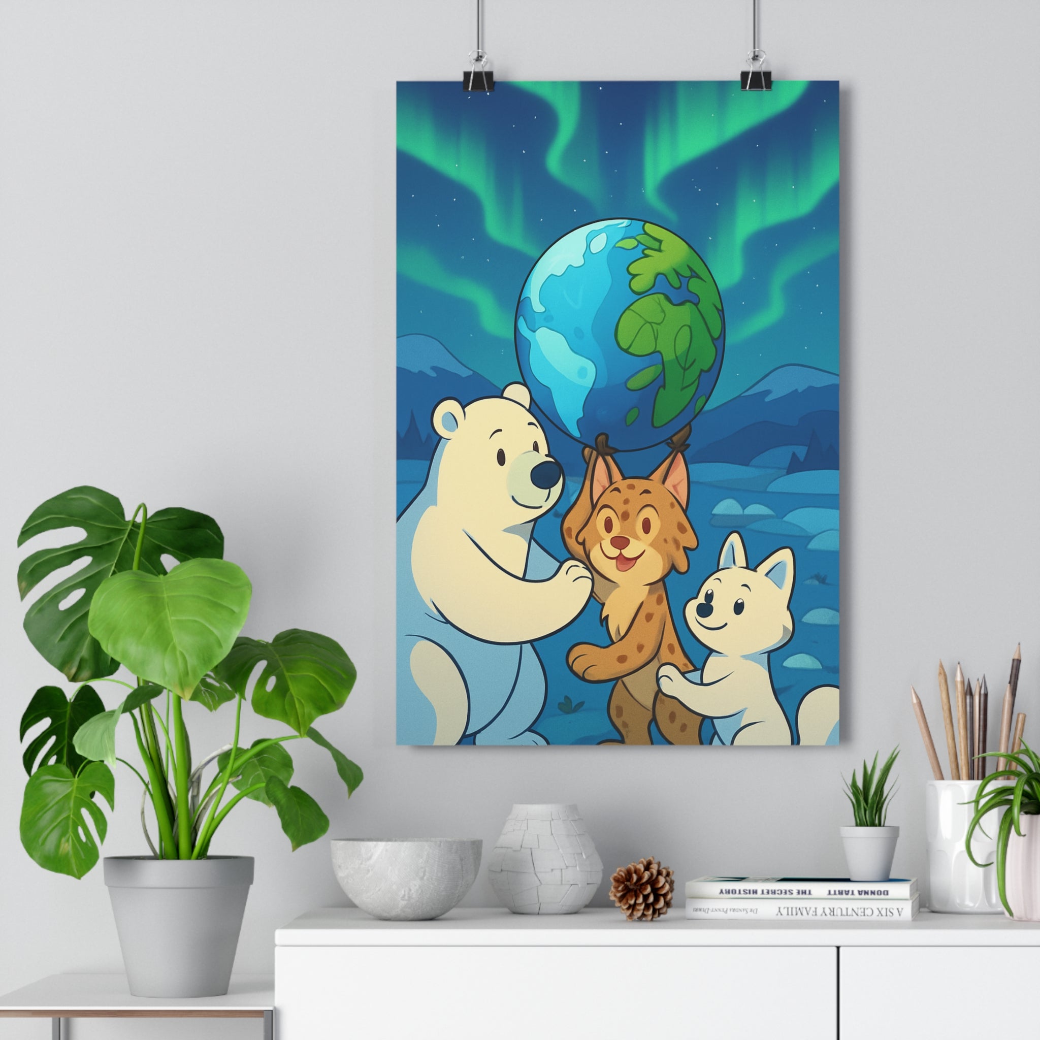 Poster décoratif anime bleu vert nordique magique enfant chambre serein fantastique planète animaux ambiance