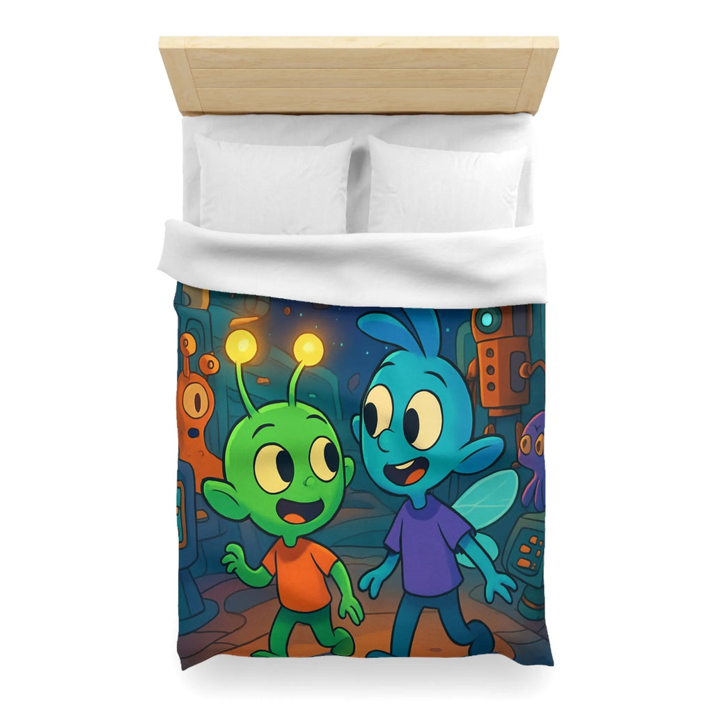 Housse de couette enfant extraterrestre bleu et vert dans vaisseau spatial coloré amusant