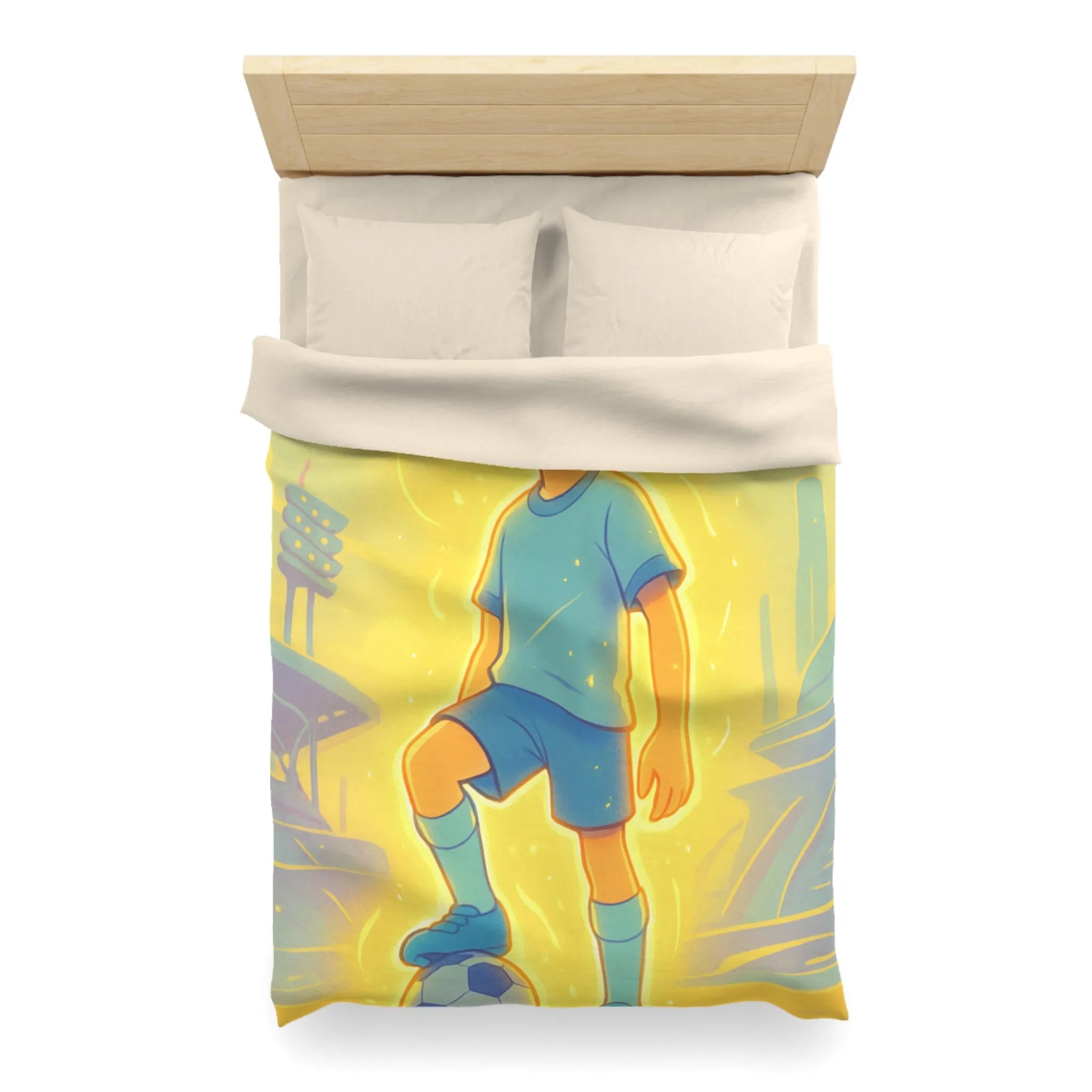 Housse de couette inspirée d'un jeune footballeur en action avec ambiance lumineuse