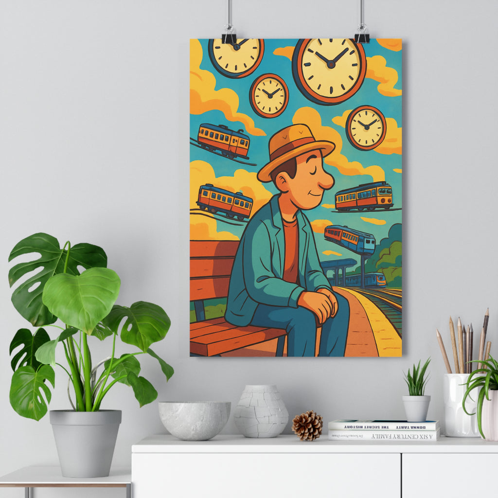 Poster décoratif surréaliste pastel bleu orange jaune fantastique apaisant salon bureau dessin animé qualité