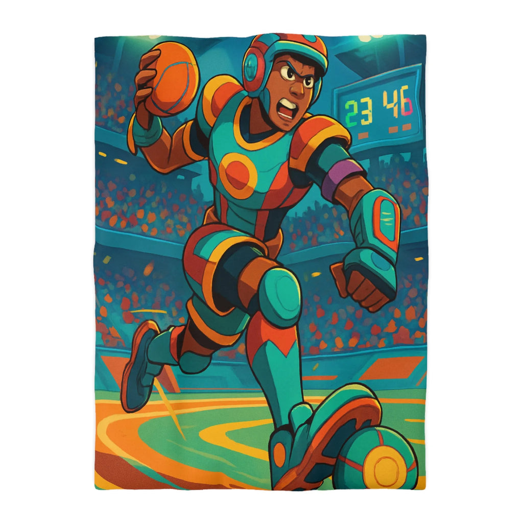 Housse de couette colorée avec joueur futuriste en action dans un stade dynamique