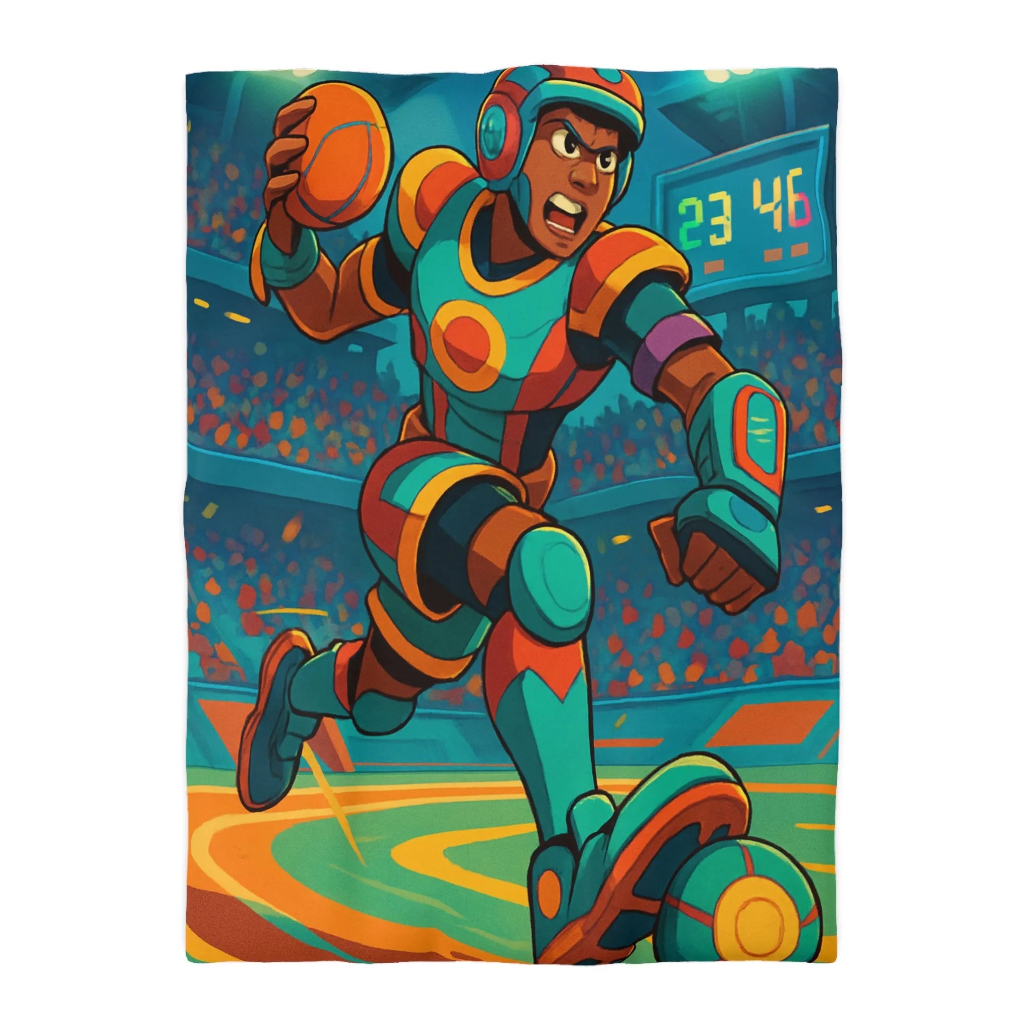 Housse de couette colorée avec joueur futuriste en action dans un stade dynamique