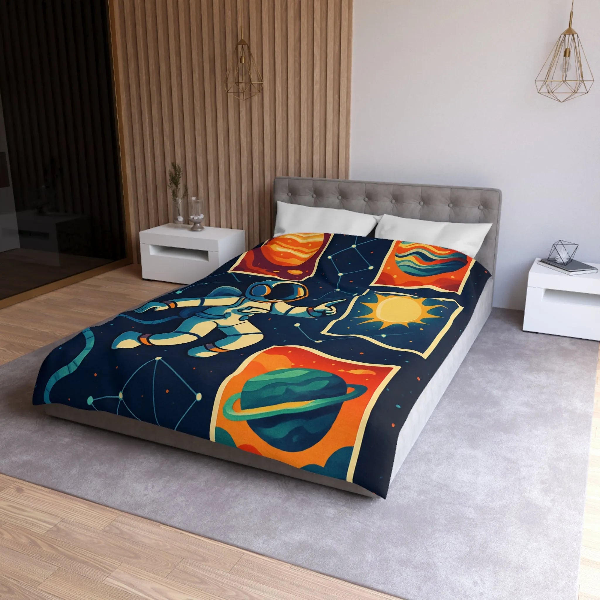 Housse de Couette Espace: Astronaute Flottant parmi Planètes et Constellations, Nuit Étoilée