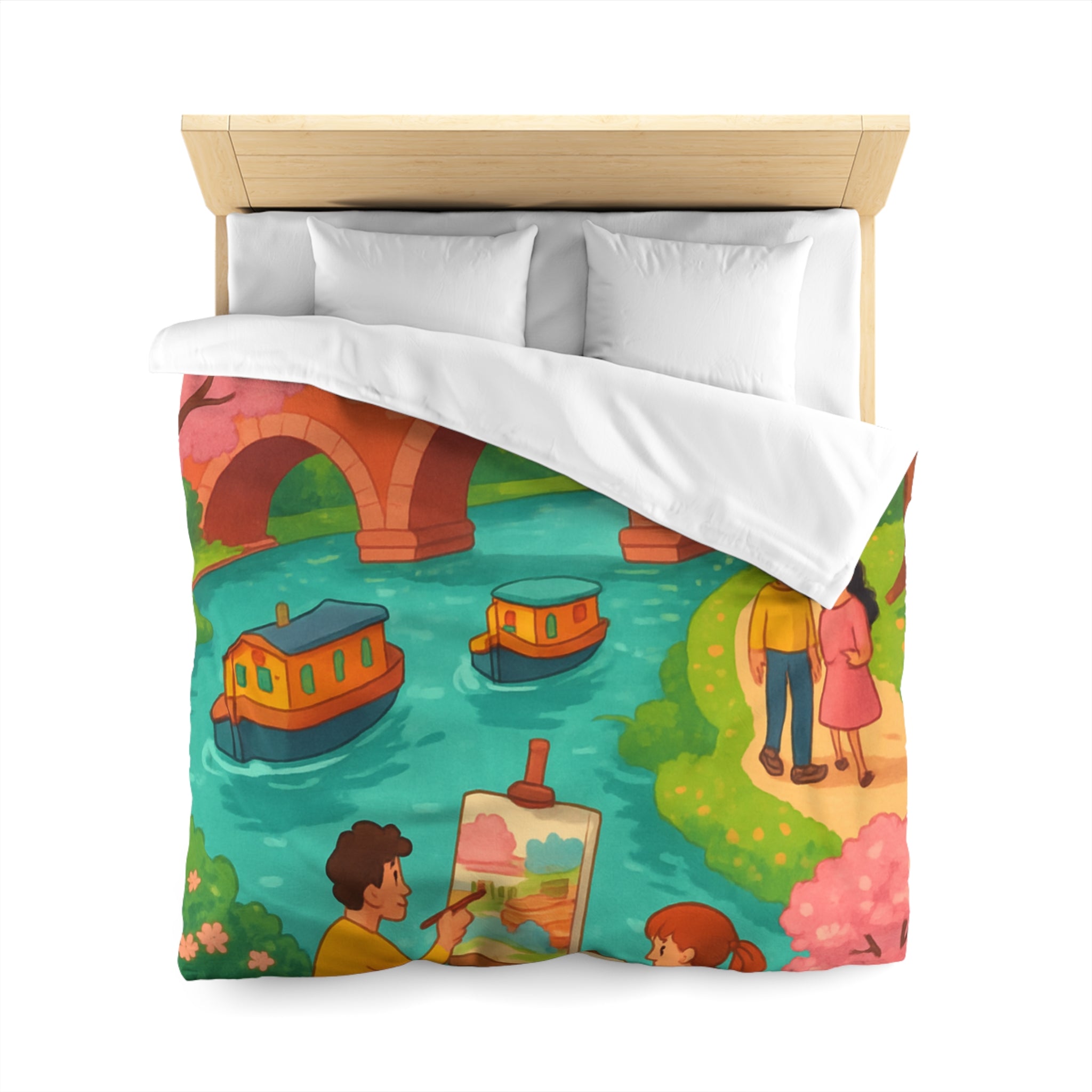 Housse de couette printemps campagne avec paysage pont, arbres en fleurs, artistes peignant