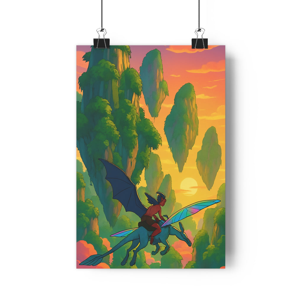 Poster décoratif dessin animé vert orange fantastique aventure magique chambre salon paysage créature ailes