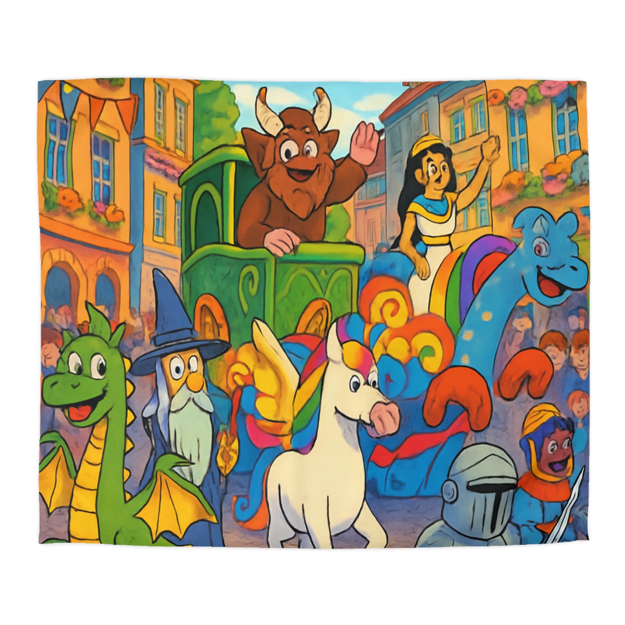 Housse de Couette Motif Parade Joyeuse avec Dragons Licornes et Chevaliers Enchantés