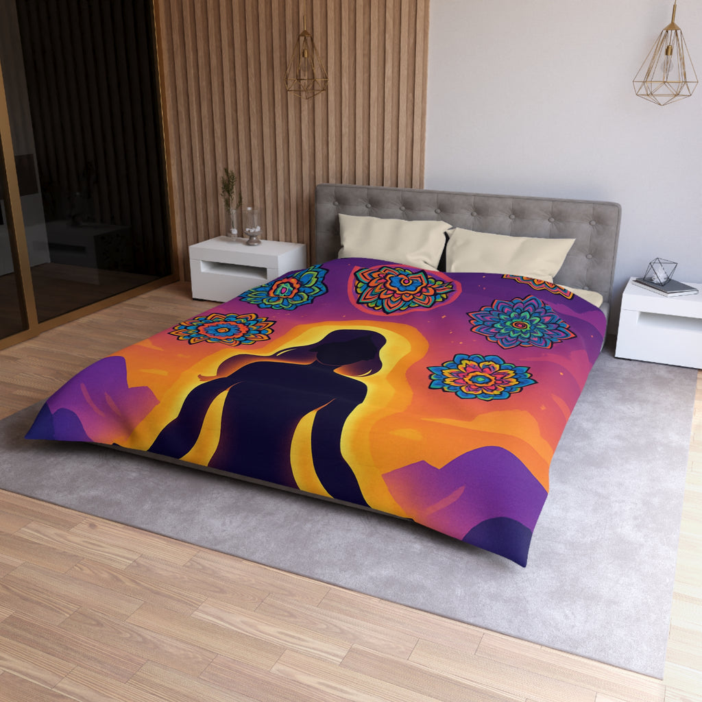 Paisible méditation silhouettée avec mandalas colorés et paysage crépusculaire serein et enchanteur