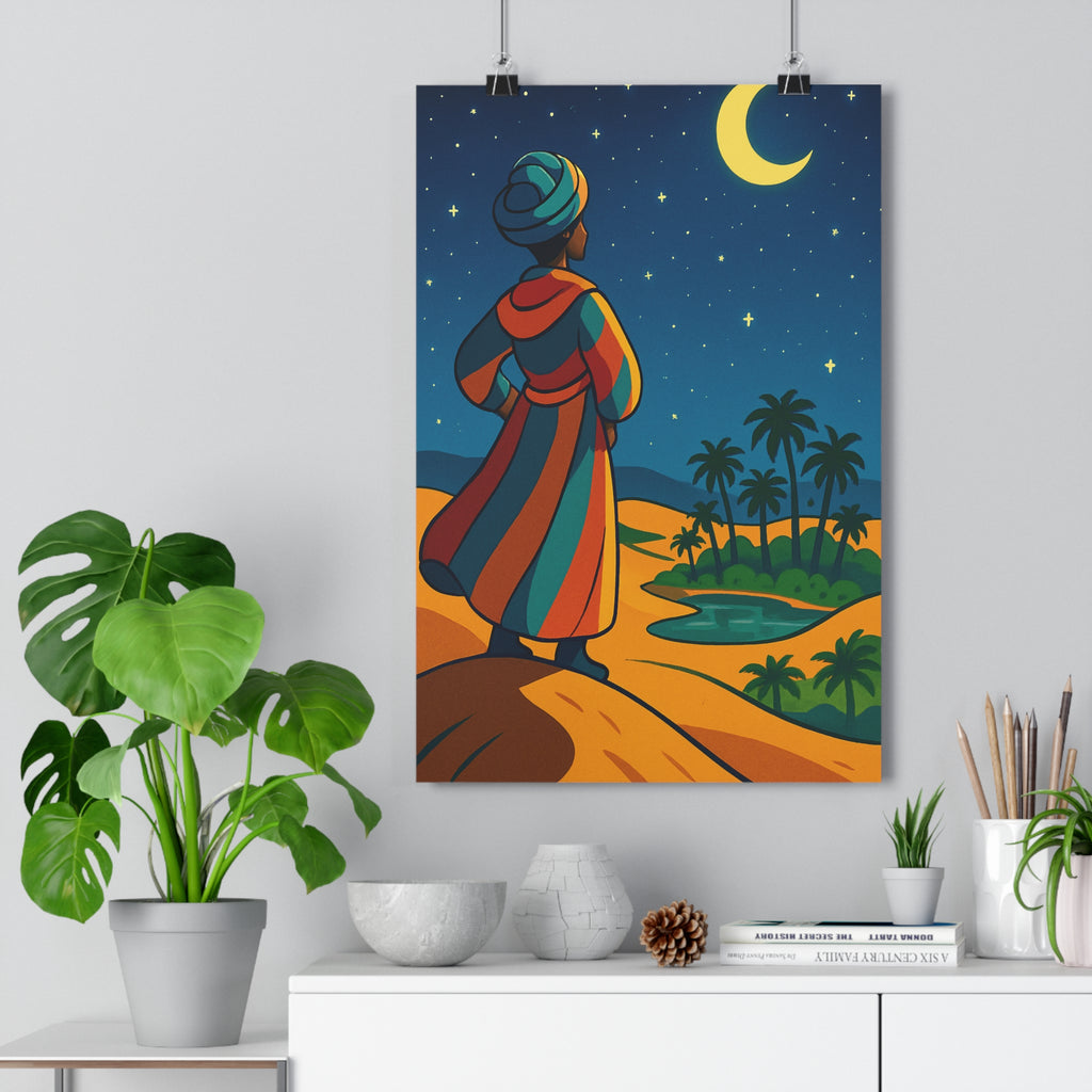 Poster décoratif désert illustration cartoon nuit étoilée lune oasis palmiers couleurs vives chambre ambiance