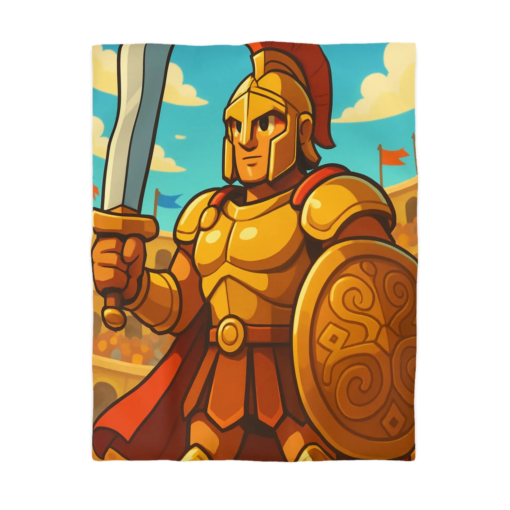 Housse de couette gladiateur doré avec épée et bouclier, décor d'arène coloré