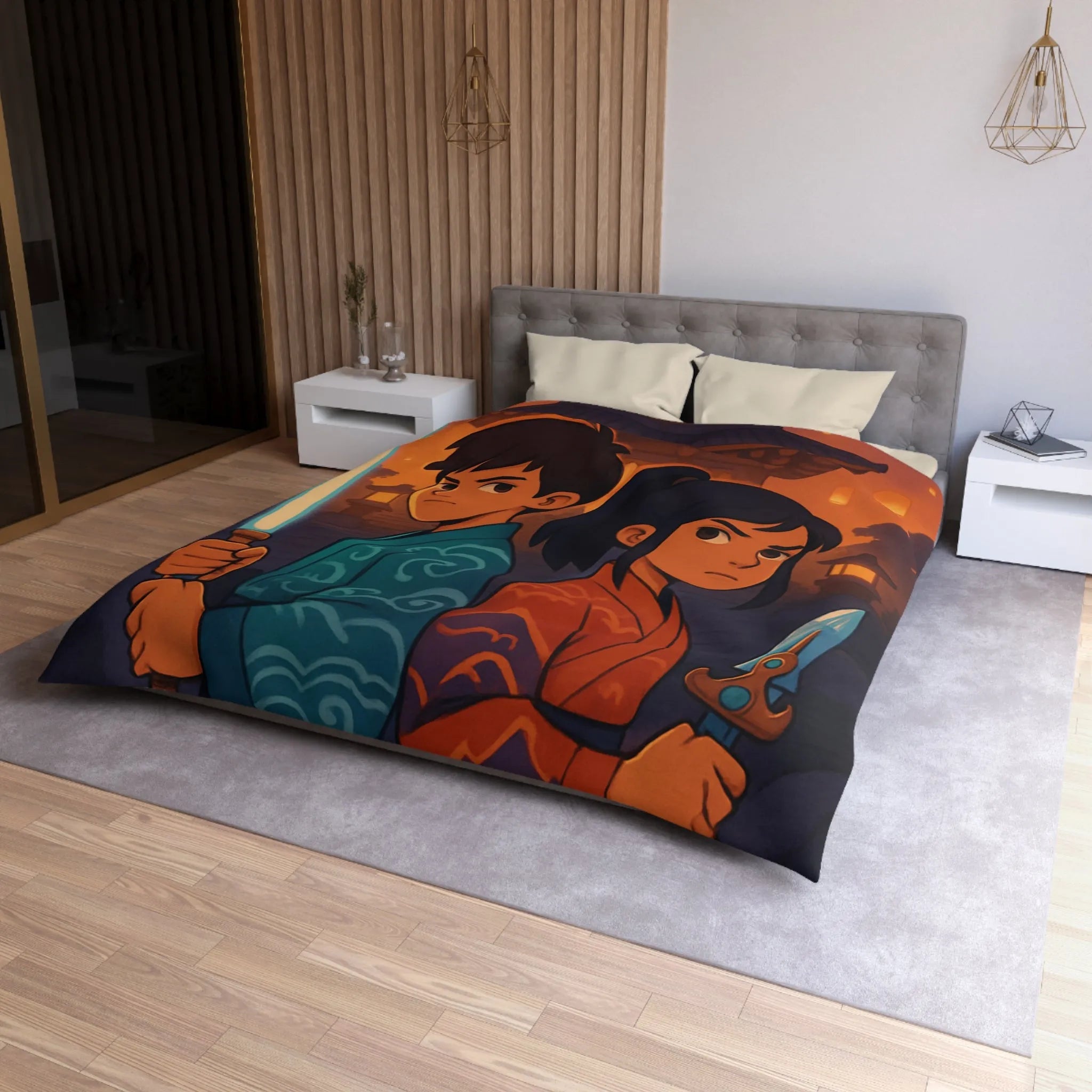 Housse de couette avec enfants guerriers, lanterne céleste, temple ancien, ambiance mystique