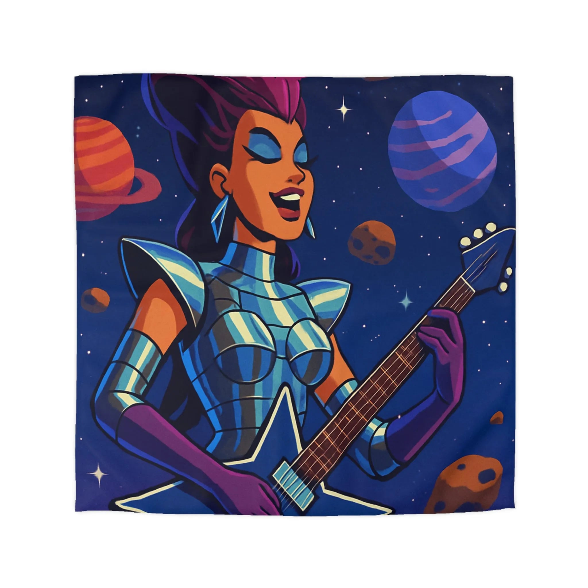 Housse de couette espace cosmique avec musicienne extraterrestre jouant de la guitare étoilée