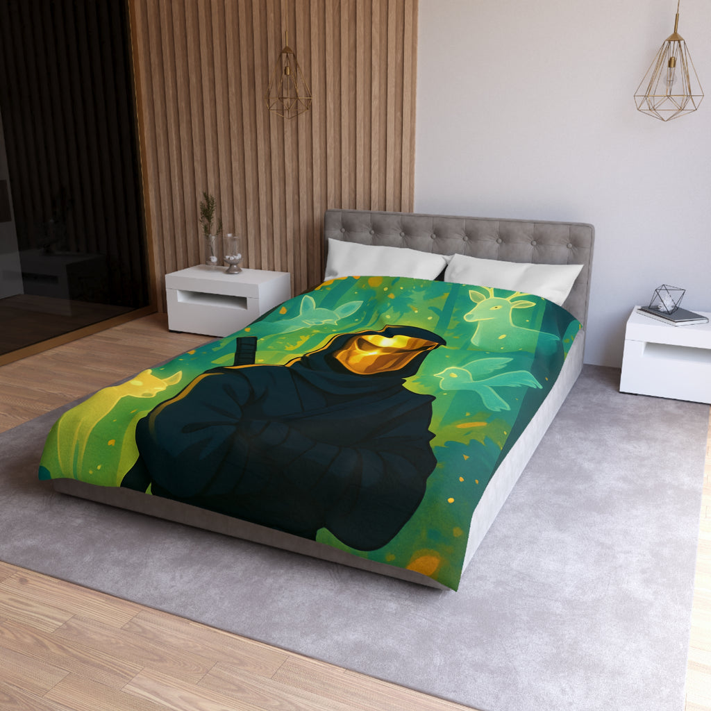 Housse de couette ninja doré avec animaux mystiques et forêts enchantées lumineuses