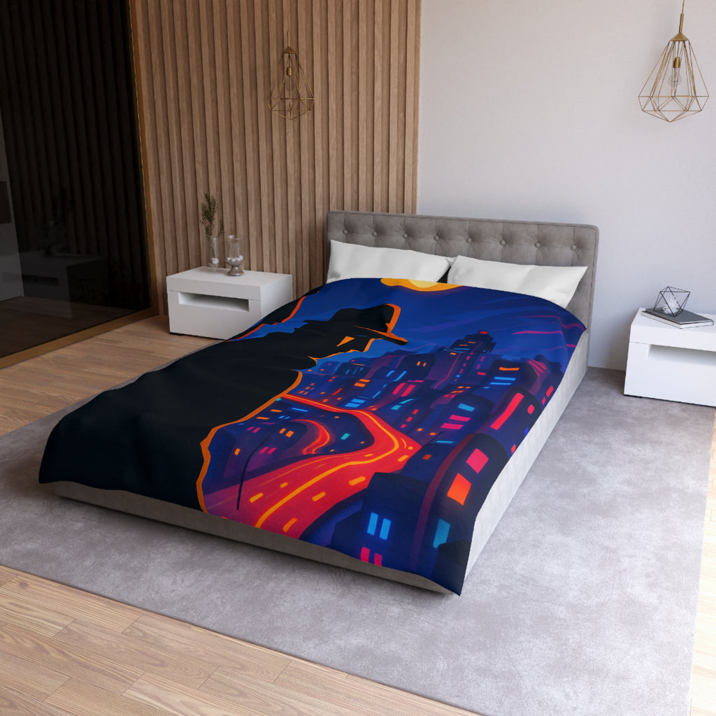 Housse de couette rétro mystérieuse avec silhouette urbaine nocturne et routes lumineuses