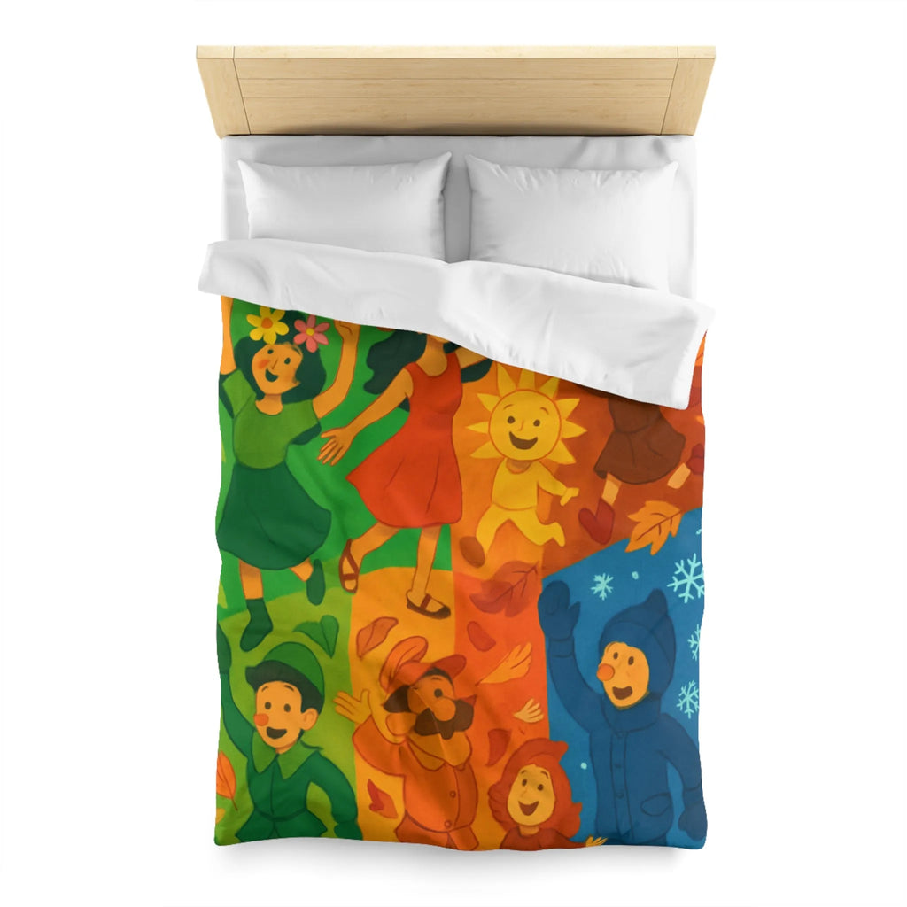 Housse de couette colorée illustrant les quatre saisons avec personnages joyeux et motifs vibrants