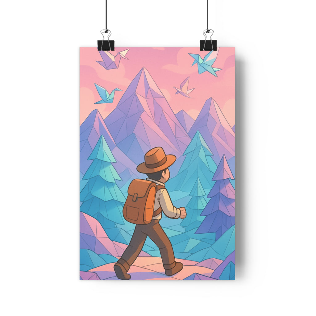 Poster décoratif voyageur surréaliste violet bleu montagnes bureau chambre onirique moderne 30x46 élégant rêveur