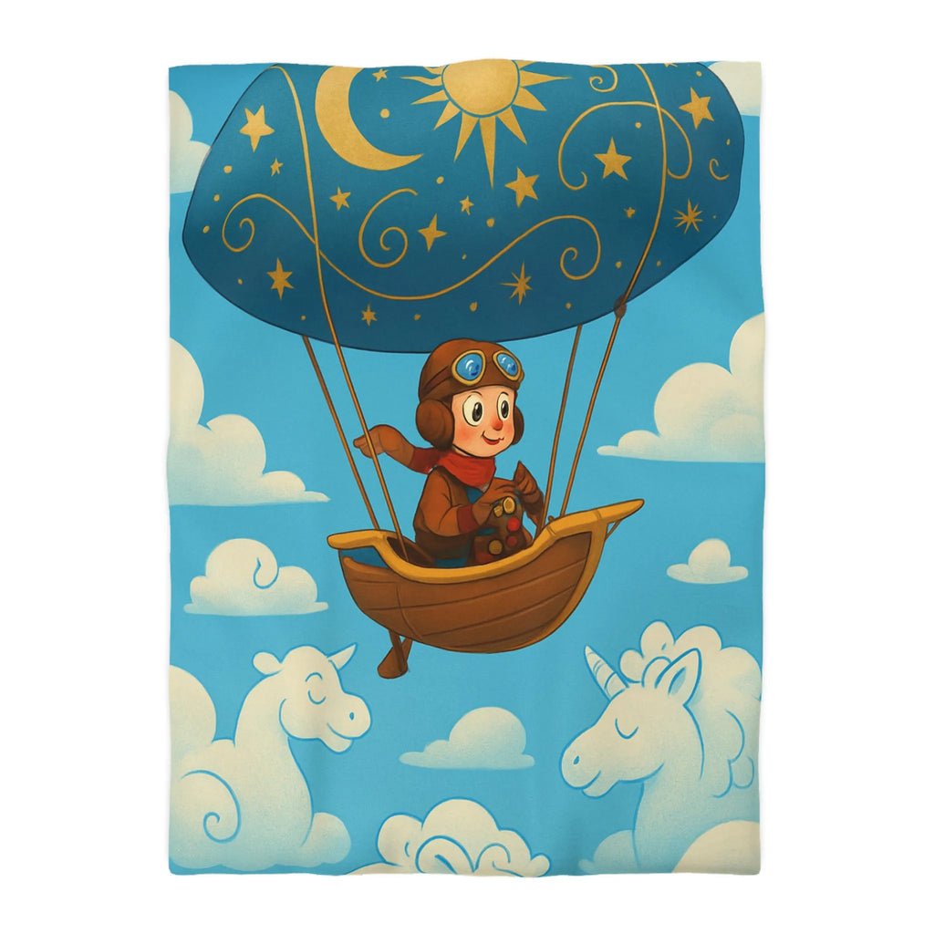 Housse de Couette Fantastique Enfantine avec Montgolfière et Licornes en Nuages