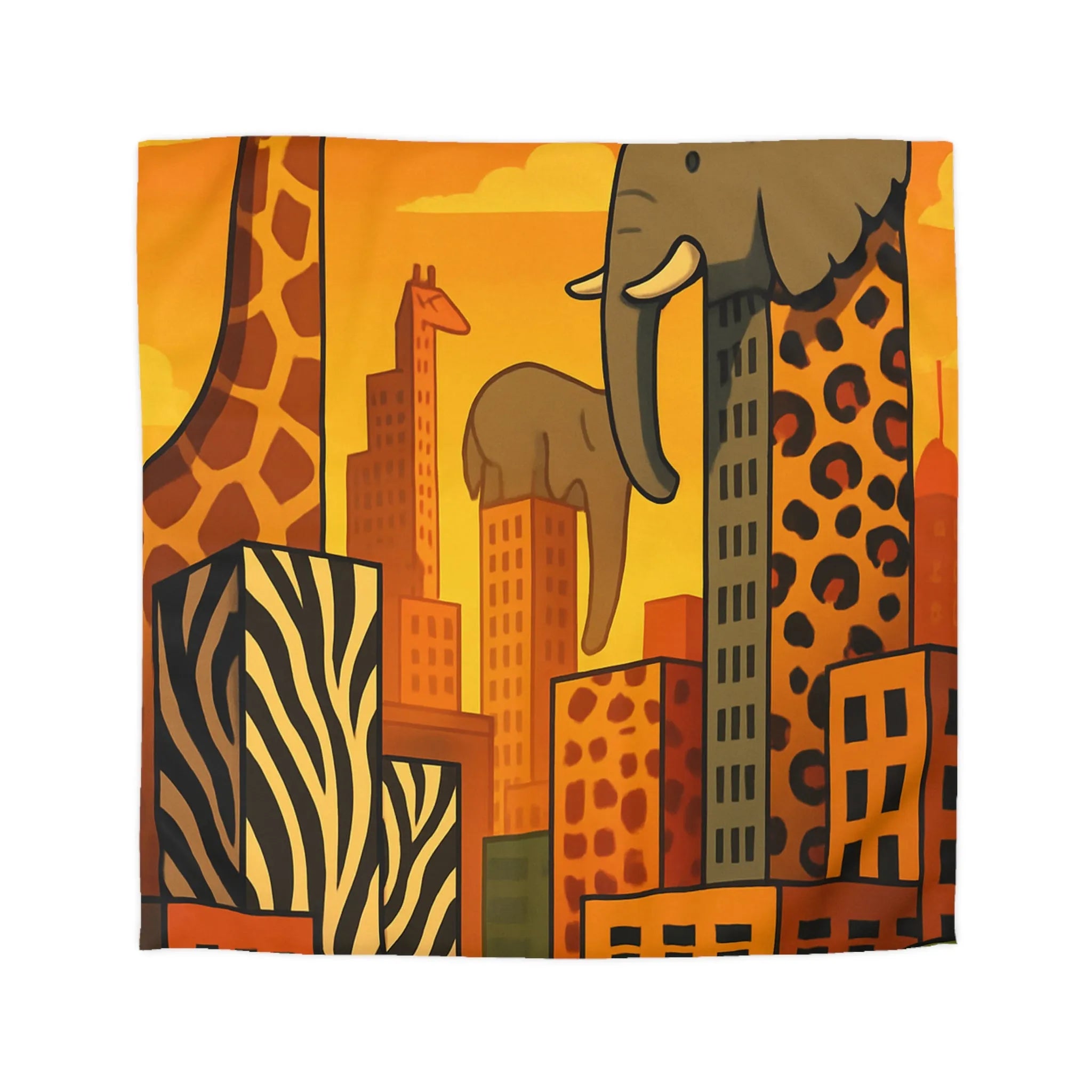 Housse de couette jungle urbaine : gratte-ciel animaux dans tons chauds, motif sauvage