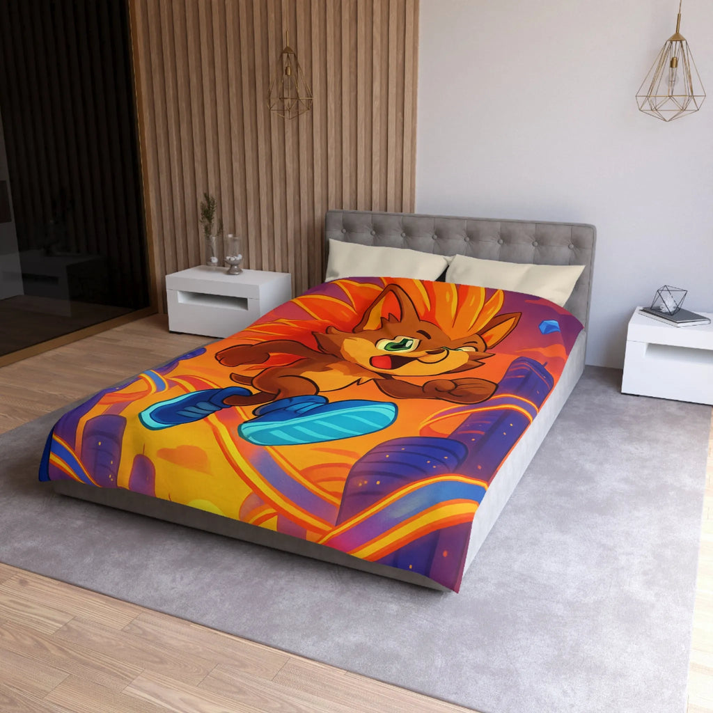 Housse de couette avec hérisson coloré courant dans une ville futuriste au coucher du soleil