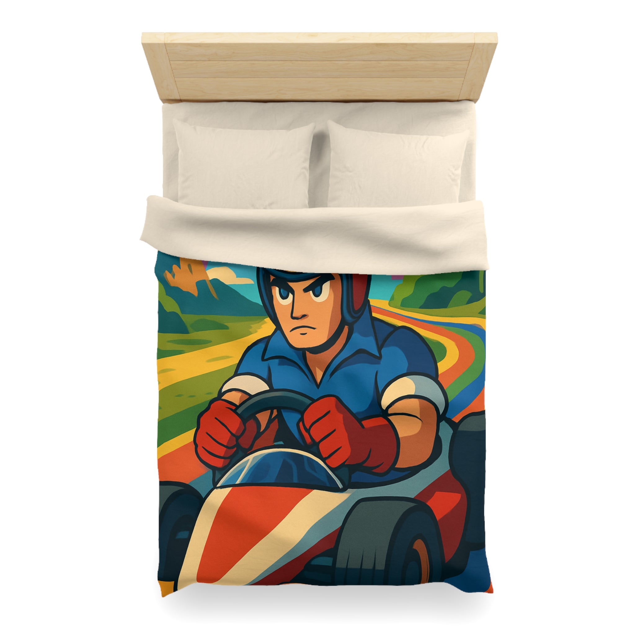 Housse de couette rétro colorée avec pilote de karting sous un arc-en-ciel vibrant